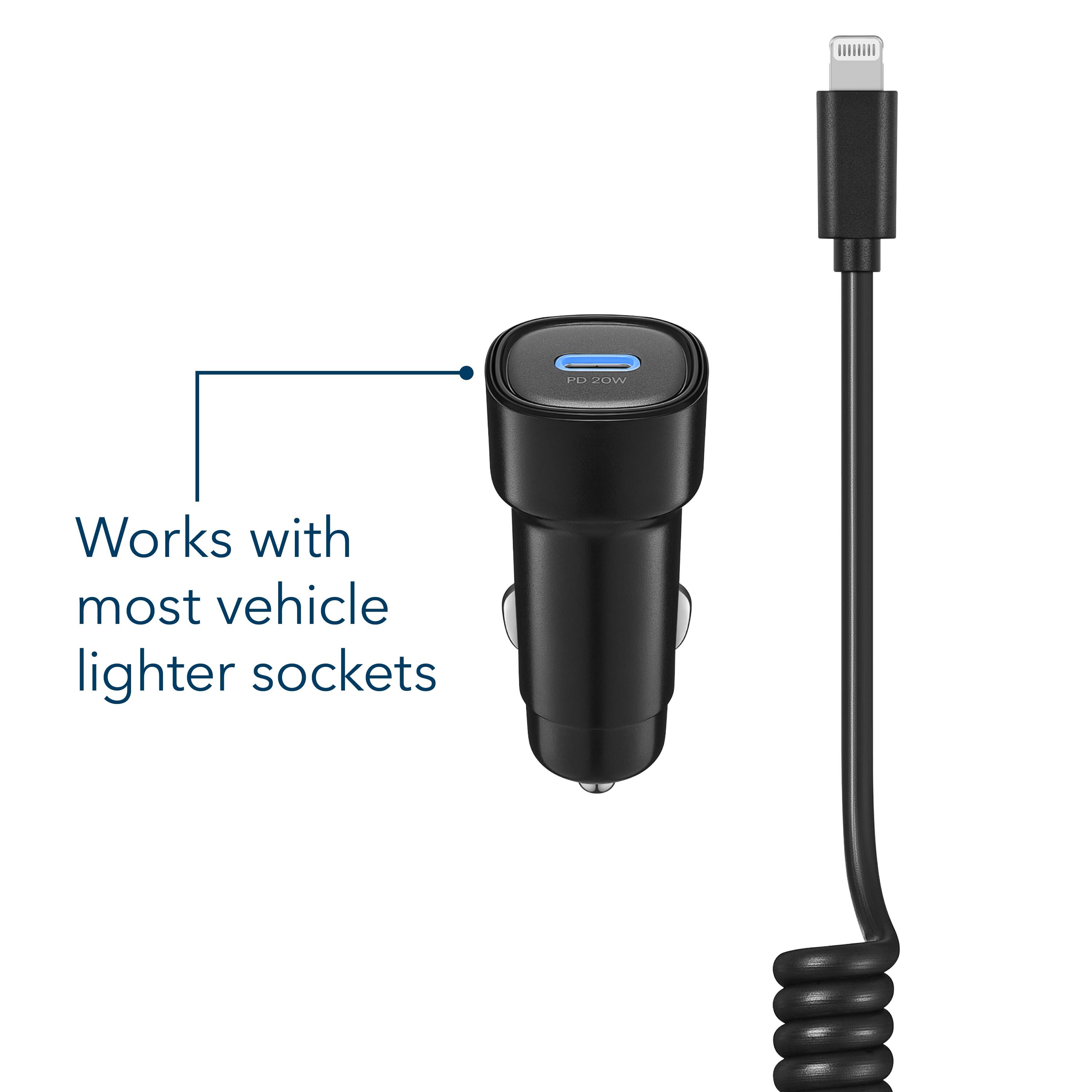 The text on the image reads: "Works with most vehicle lighter sockets."