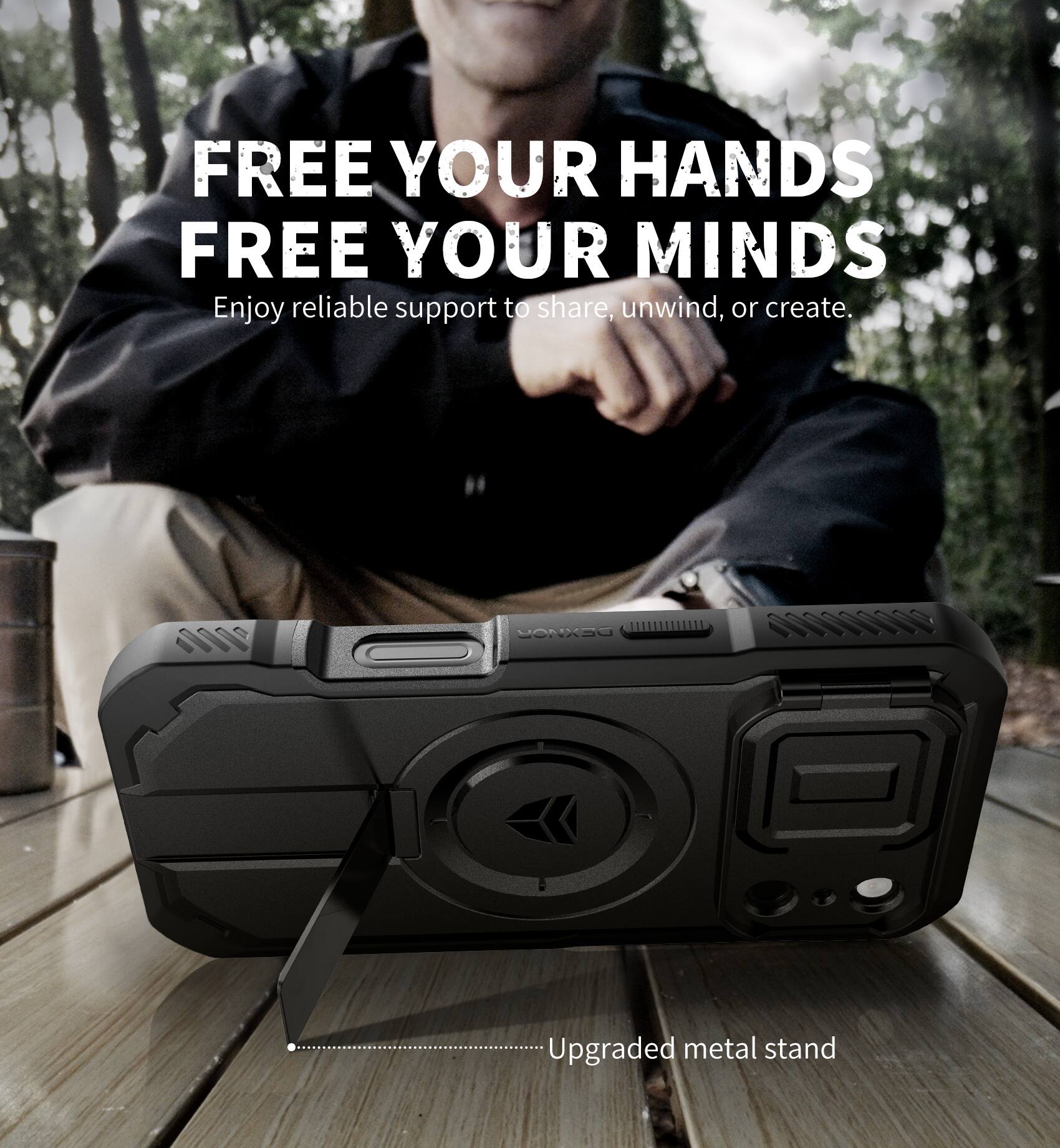 FREE YOUR HANDS  
FREE YOUR MINDS  
Enjoy reliable support to share, unwind, or create.  

Upgraded metal stand