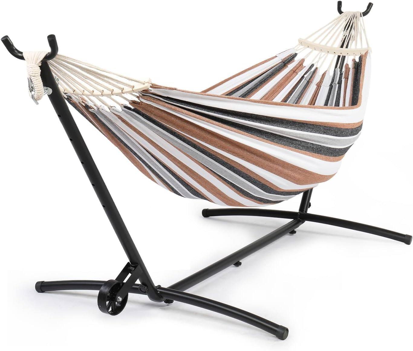 Front. Winado - 9 FT Portable Hammock Set with Adjustable Height, Double Hammock, Wheel Stand, Carrying Bag for Outdoor Backyard Garden - Black & Coffee Stripe.