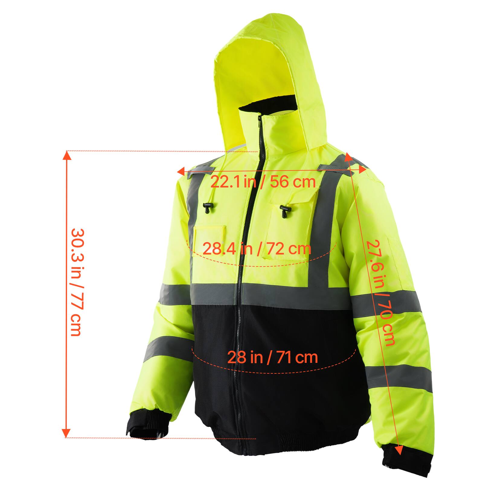 - Height: 30.3 in / 77 cm
- Width: 22.1 in / 56 cm
- Sleeve Length: 27.6 in / 70 cm
- Chest Width: 28.4 in / 72 cm
- Bottom Width: 28 in / 71 cm