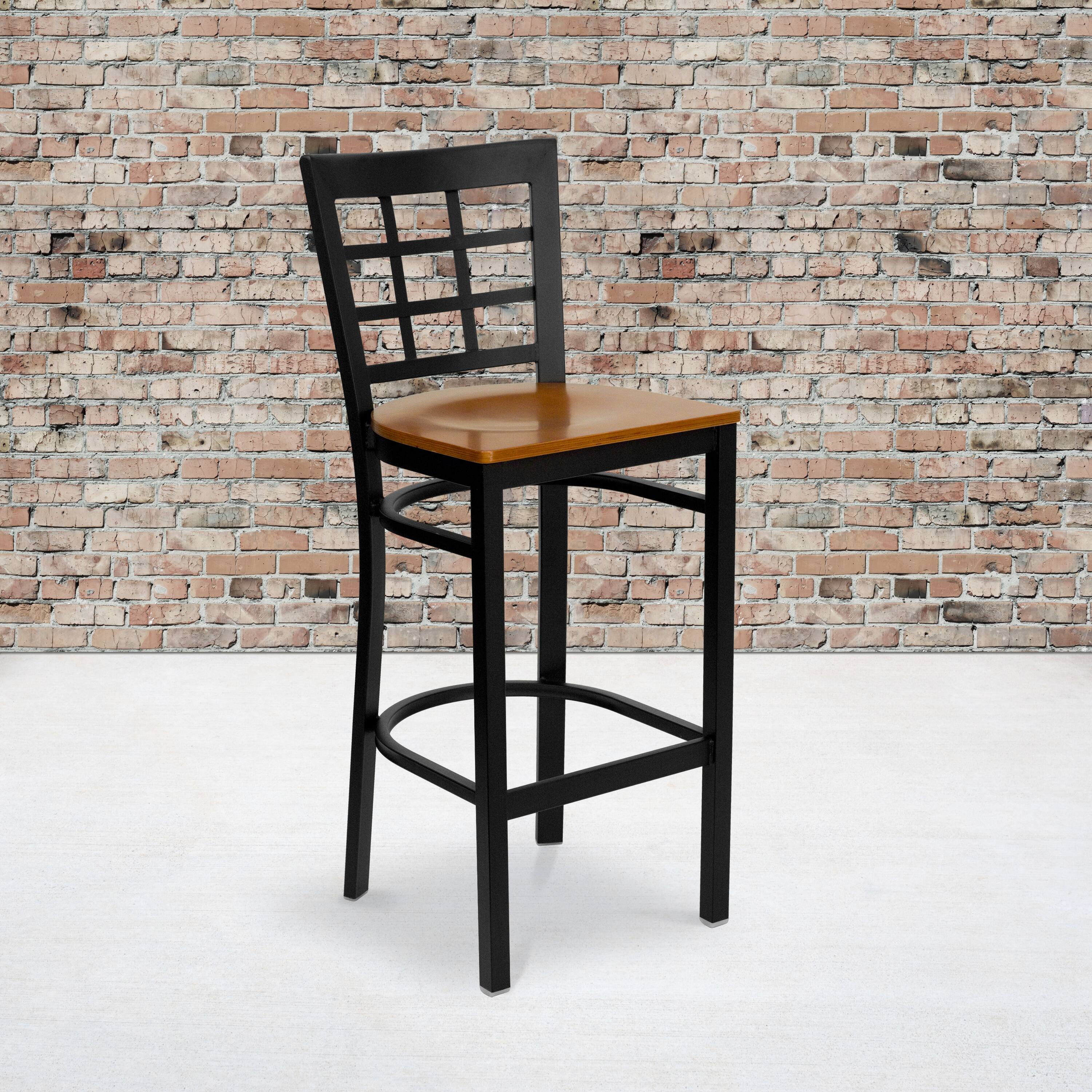 Alt View 1. Emma + Oliver - Window Back Metal Restaurant Dining Barstool - Cherry Wood Seat/Black Metal Frame.