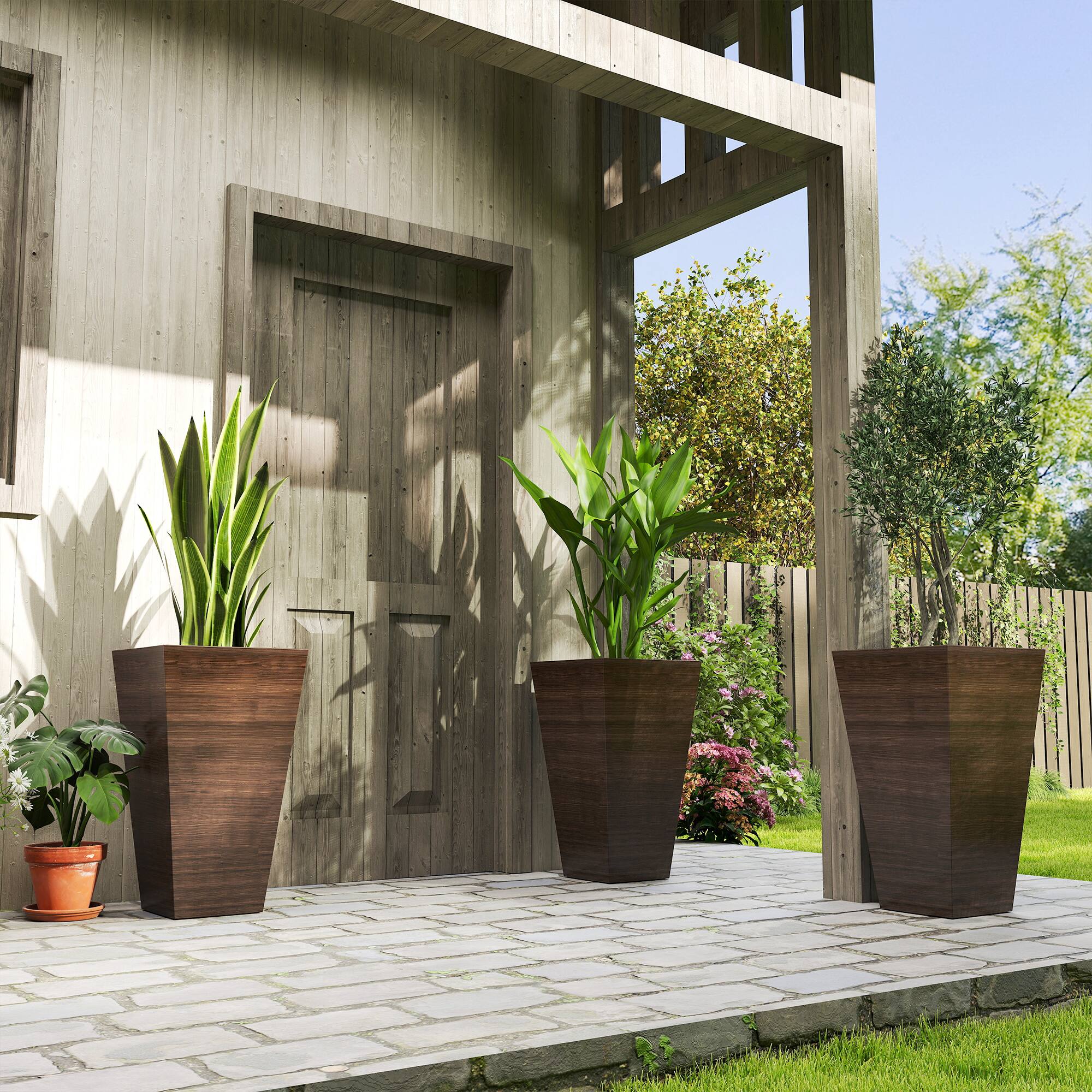 Alt View 1. Outsunny - Tall Planter for Outdoor Plants Set of 3, 28 Inch Taper Planter with Drainage Holes, Wood Grain Decor Garden Pot - Brown.