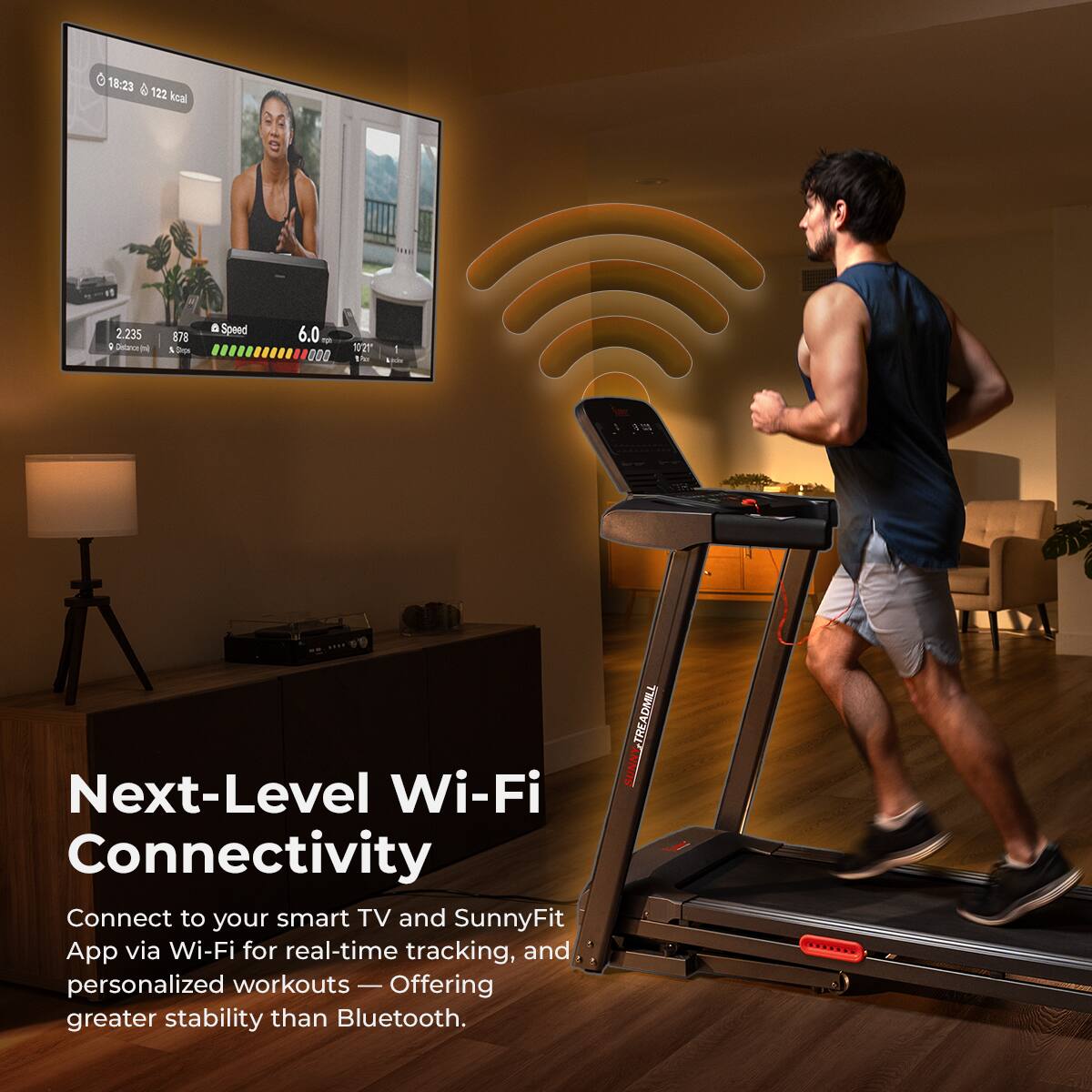 0 18:23 & 122 knal 2.235 4 Jelana N 878 A & 6 Speed 6.0 - 000 1021 1 - 1 Next-Level Wi-Fi Connectivity Connect to your smart TV and SunnyFit App via Wi-Fi for real-time tracking, and personalized workouts | Offering greater stability than Bluetooth. TREADMILL