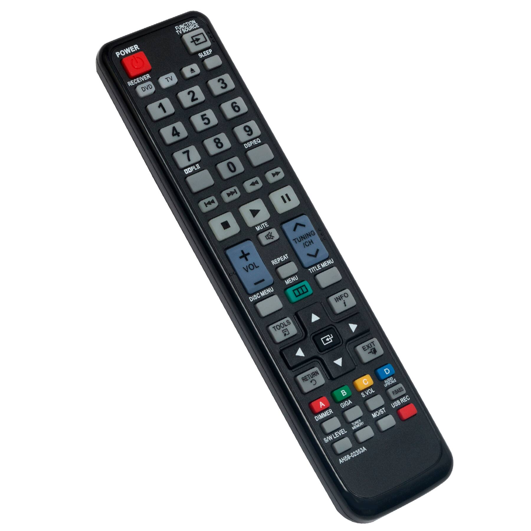 FUNCTION POWER BLEEP RECEIVER TV DVD 1 2 3 4 5 6 7 8 9 0 DOPPLI DISP EQ TUNING ICH REPEAT MENU VOL TITLE MENU DISC MENU INFO TOOLS EXIT RETURN C D B S VOL PBASS ADIO USB REC A DIMMER MOIST J S/W LEVEL AH59-02353A
