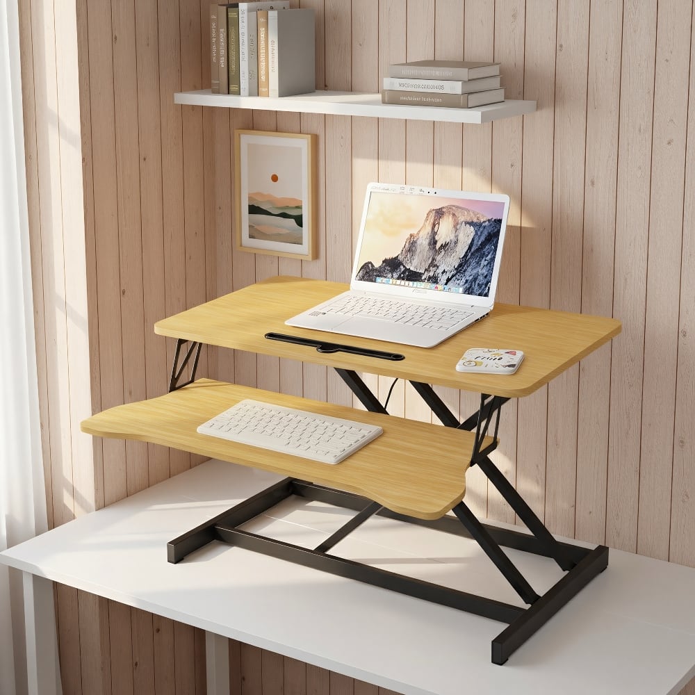 Loheer - 32 Inch Desk Converter Height Adjustable Sit to Stand Riser Dual Monitor Workstation Wide Keyboard Tray Color - Natural price history on PriceWatchPro