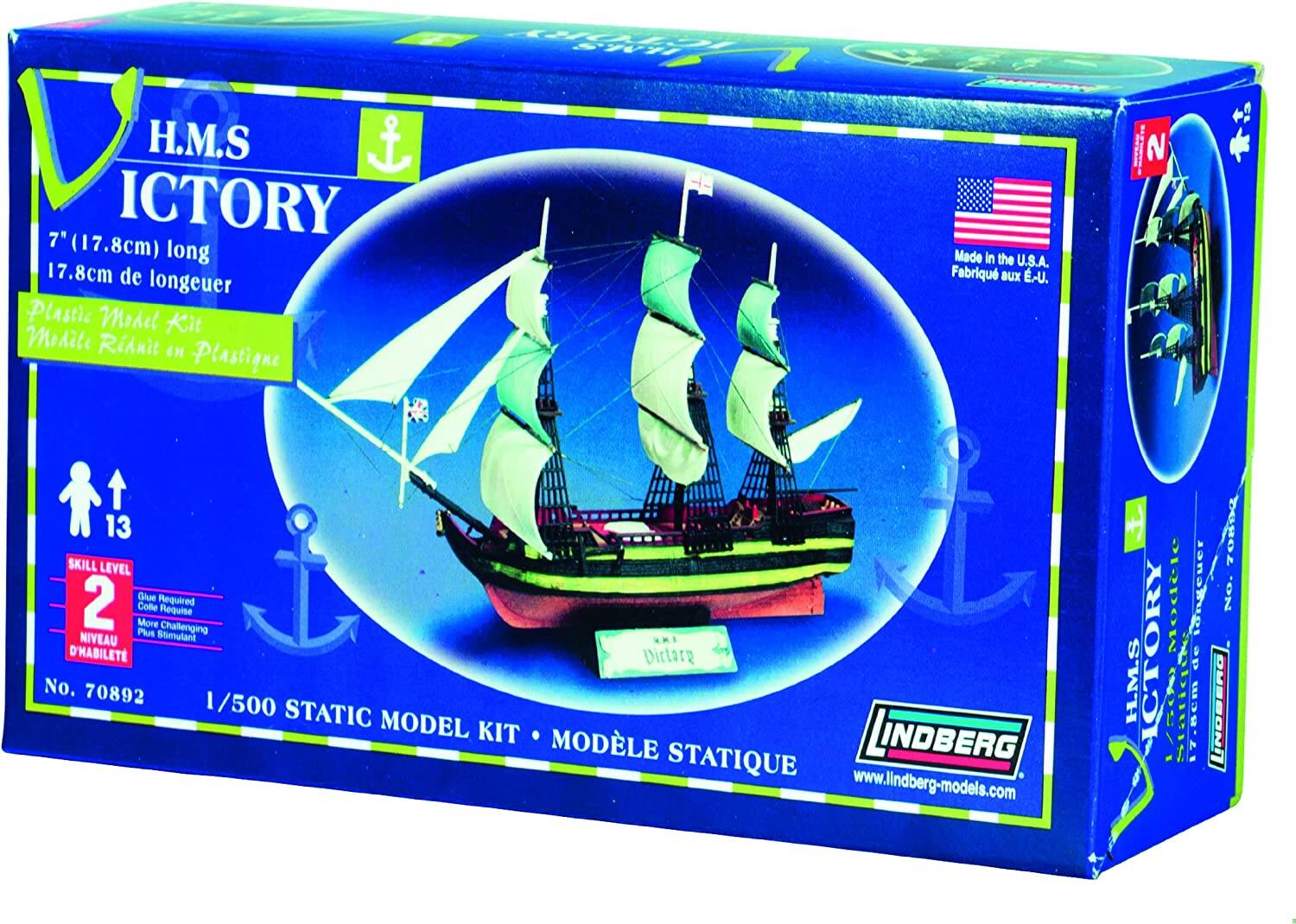H.M.S. ICTORY  
7" (17.8cm) long  
17.8cm de longueur  

Plastic Model Kit  
Modèle Réduit en Plastique  

Made in the U.S.A.  
Fabriqué aux E-U.  

Skill Level 2  
Niveau d'habileté 2  
Gauge Required  
Capteur Requis  
More Challenging  
Plus Stimulant  

No. 70892  
1/500 Static Model Kit  
Modèle Statique  

www.lindberg-models.com  

Lindberg