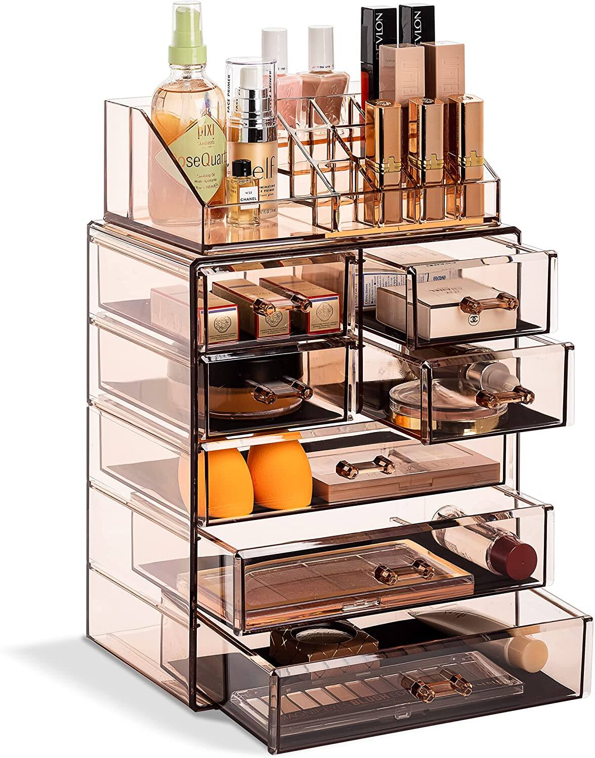 Sorbus - Medium Makeup Organizer Set - (3 Large / 4 Small Drawers/Top Tray) - Brown