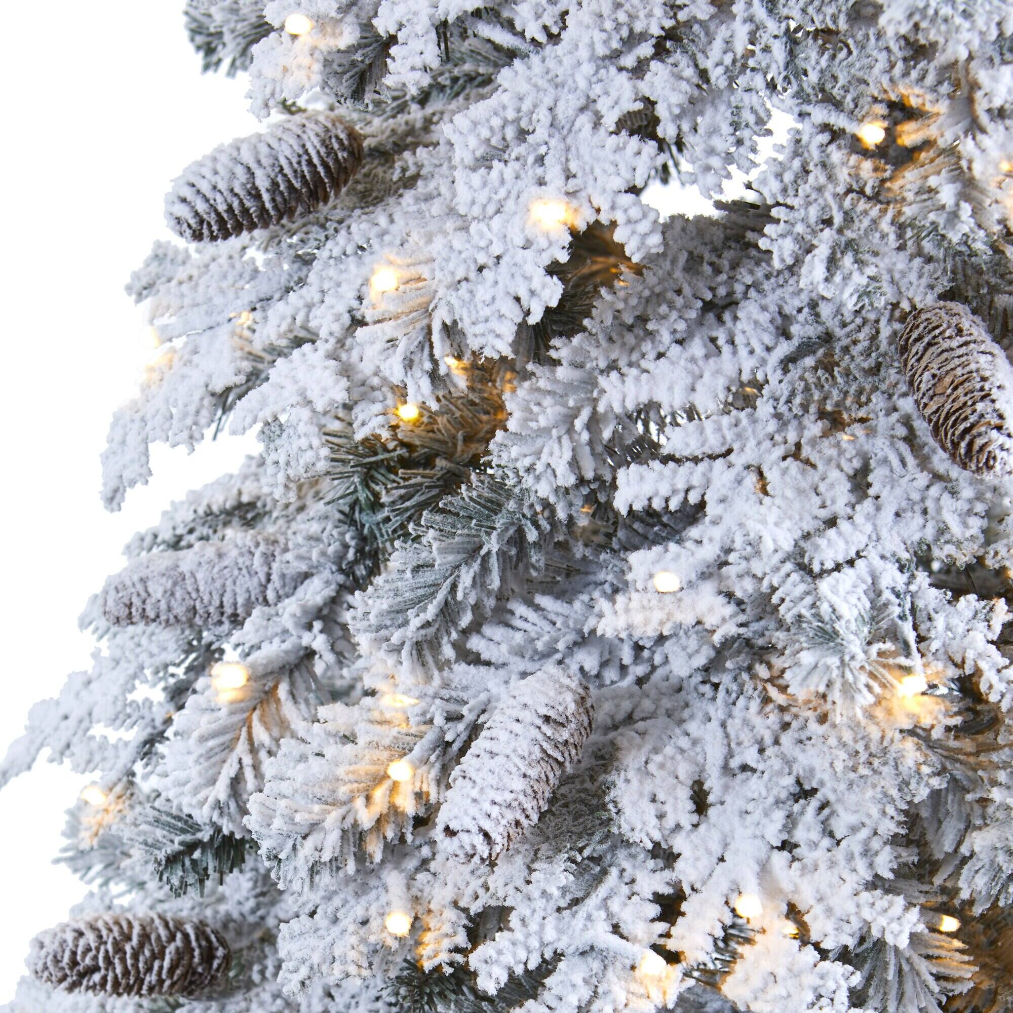 Left. BreeBe - 7' Flocked Christmas Tree with Pinecones w/400 LED 565 Tips - White.