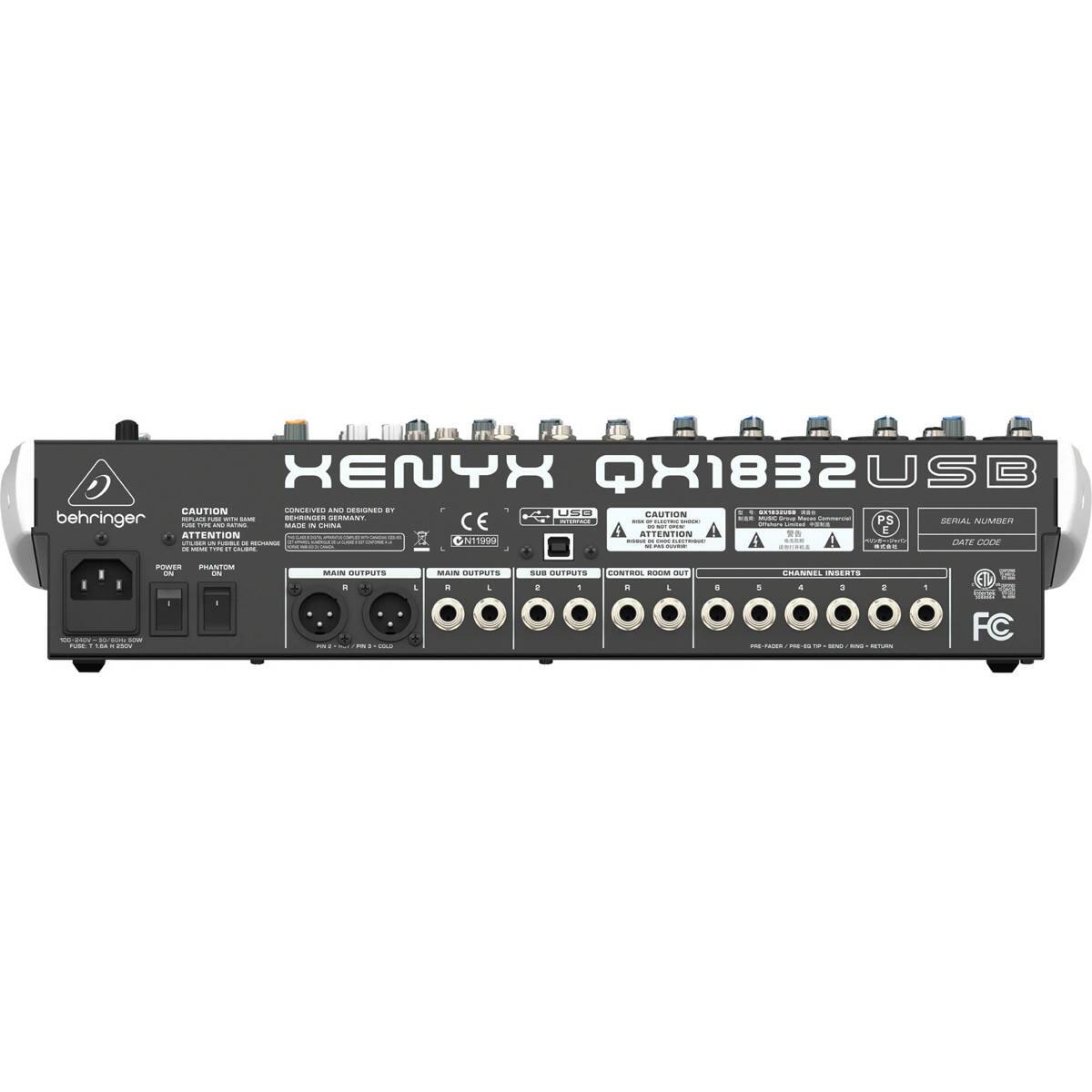 XENYX QX1832 USB  
CAUTION  
behringer  
CAUTION  
SERIAL NUMBER  
ATTENTION  
NOTHING TO INSCRIBE  
CHANNEL INSERTS  
CONTROL ROOM OUT  
MAIN OUTPUTS  
PHANTOM  
POWER