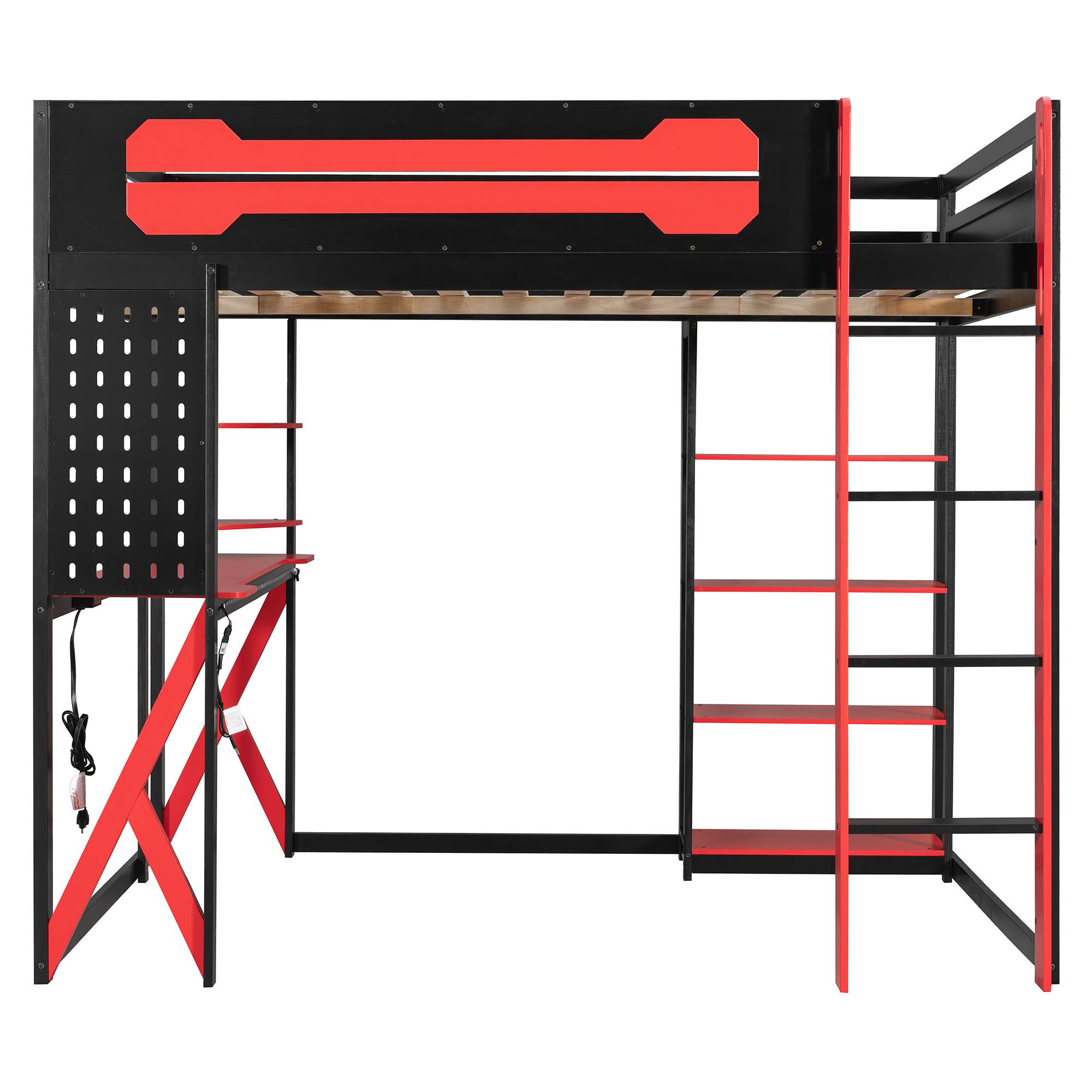Back. Anysun - Full Size Wood Loft Bed with Desk, Shelves, Power Outlet & USB/Type-C Ports, , and RGB Light - Red.