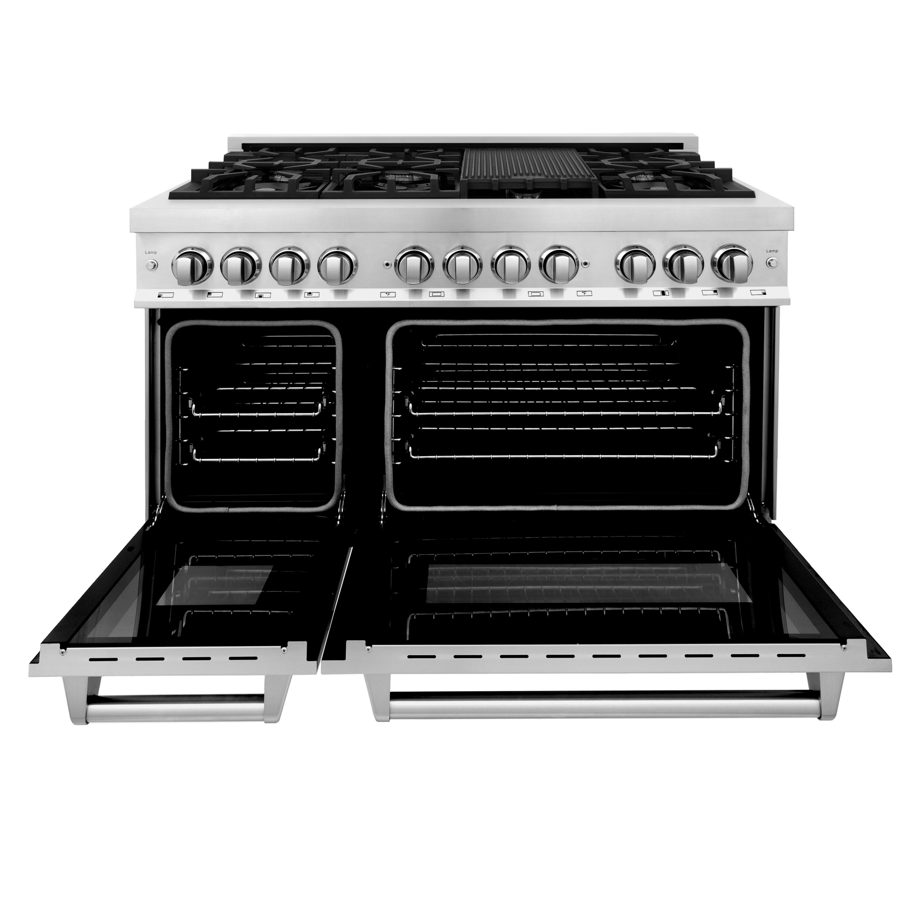 Angle. ZLINE - 48" Legacy Dual Fuel Range w/ 7 Burner Gas Cooktop and 2 Electric Ovens (RA48) - Stainless steel.