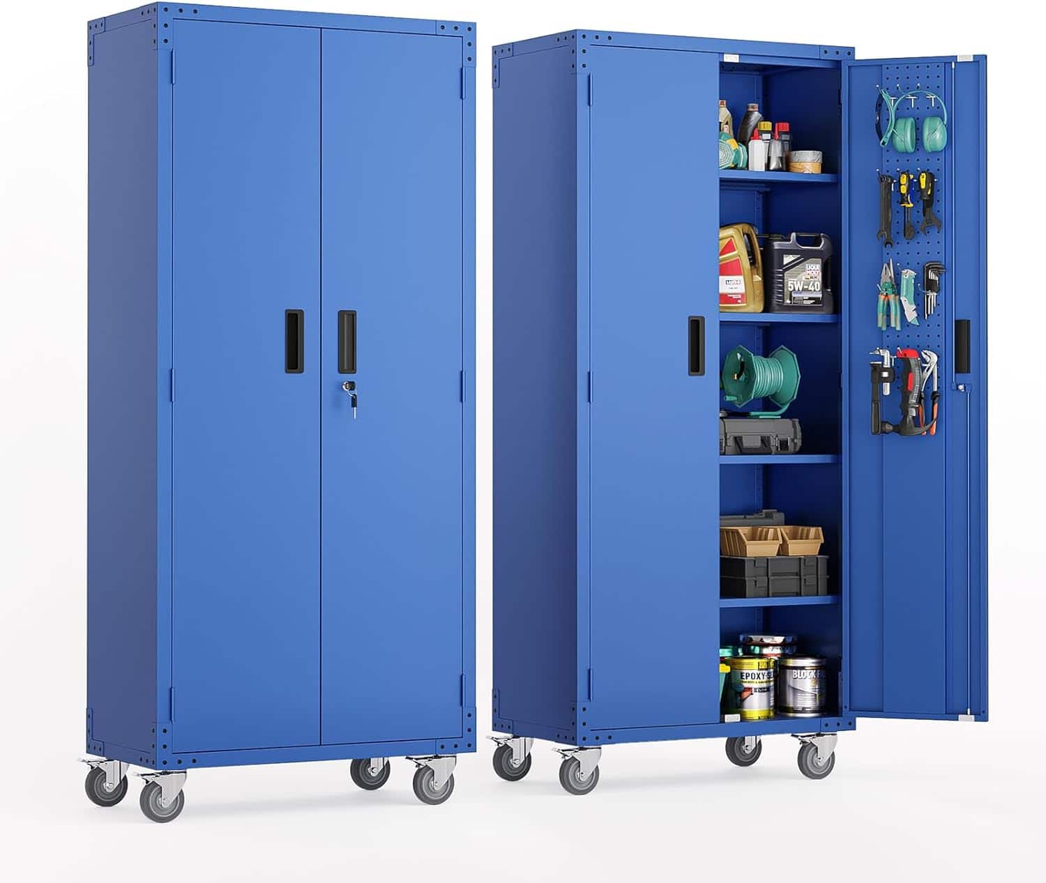 Winado - 72" Tall Heavy-duty Garage Storage Cabinet Metal Storage Cabinet with Pegboards & Wheels & Adjustable Shelf for Workshop - Blue