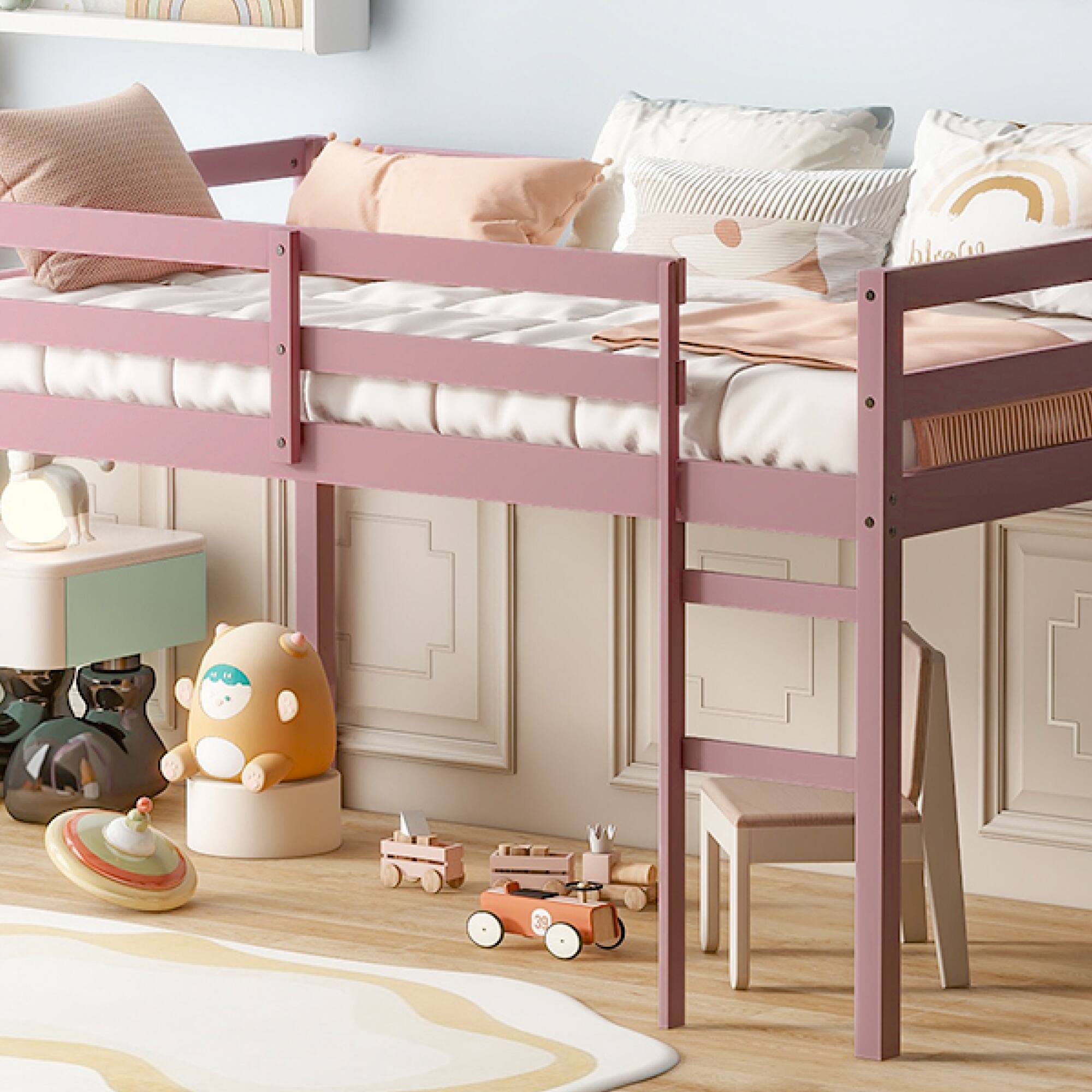 Alt View 9. GOODSILO - Solid Wood Twin Loft Bed with Ladder and Strengthened Slats for Enhanced Stability and Space Optimization - Pink.