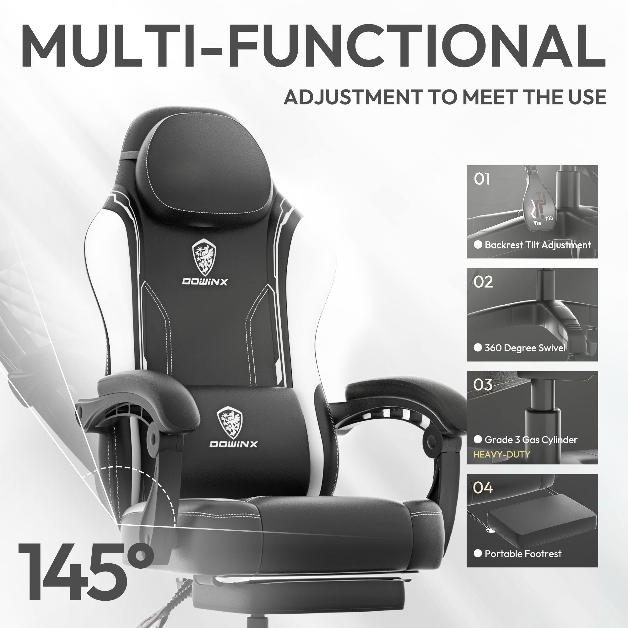 MULTI-FUNCTIONAL  
ADJUSTMENT TO MEET THE USE  

01 Backrest Tilt Adjustment  
02 360 Degree Swivel  
03 Grade 3 Gas Cylinder HEAVY-DUTY  
04 Portable Footrest