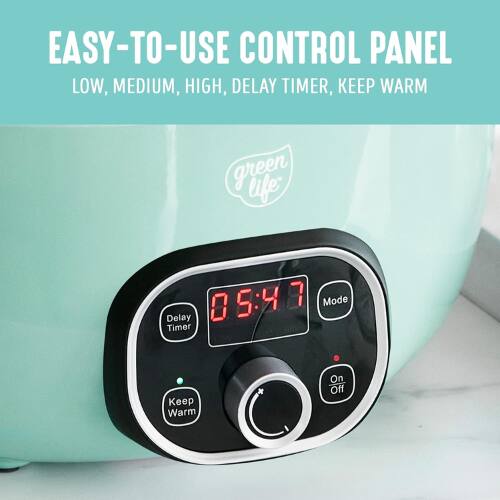 EASY-TO-USE CONTROL PANEL  
LOW, MEDIUM, HIGH, DELAY TIMER, KEEP WARM  

green life  

Delay Timer 0 5:47  
Mode Keep Warm On Off