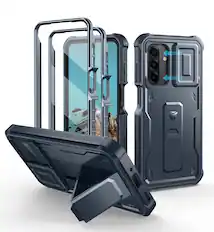 Front. Dexnor - for Samsung Galaxy A17 5G Phone Case with Screen Protector, Slide Camera Cover and Kickstand Shockproof Protective Cover - Navy Blue.