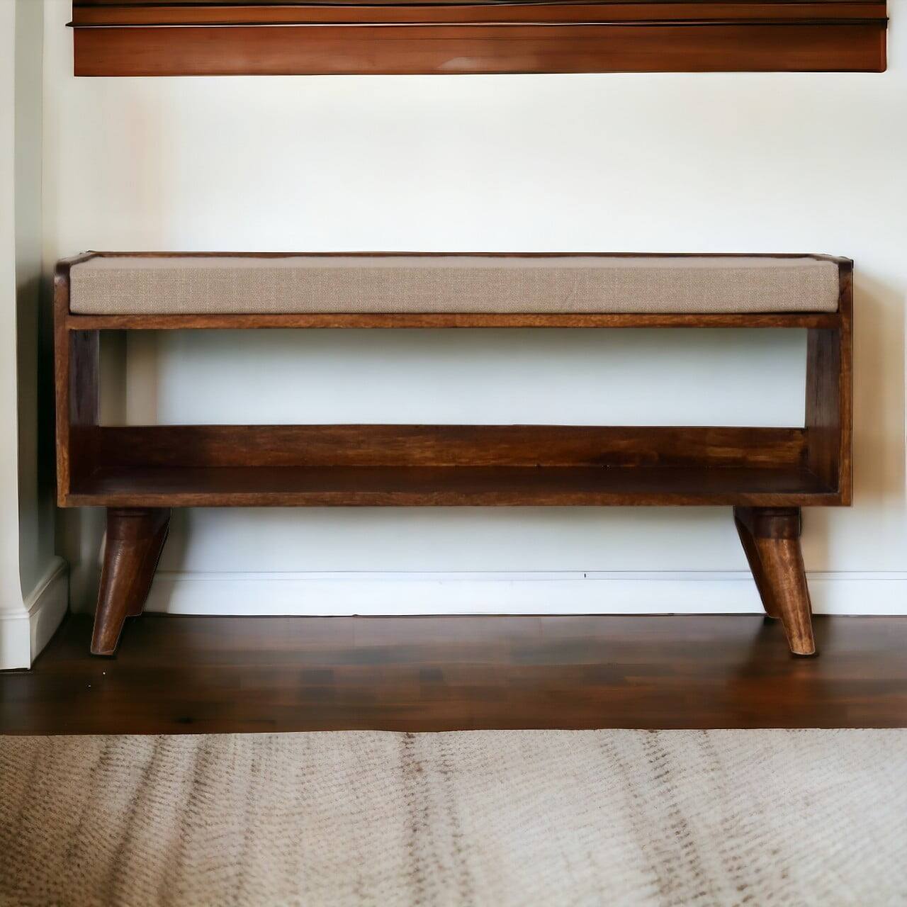 Alt View 8. Artisan Furniture - Artisan Furniture Solid Wood Mud Linen Nordic Storage Bench, Upholstered, 1 Open Slot, Brown & White - Brown & White.