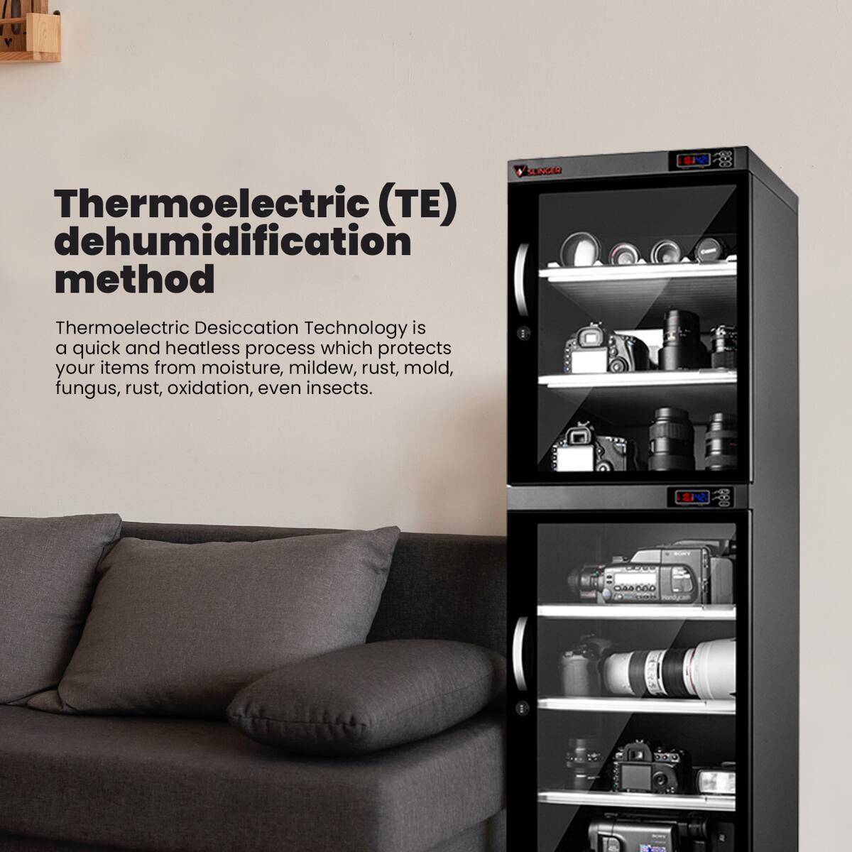 Thermoelectric (TE) dehumidification method

Thermoelectric Desiccation Technology is a quick and heatless process which protects your items from moisture, mildew, rust, mold, fungus, rust, oxidation, even insects.