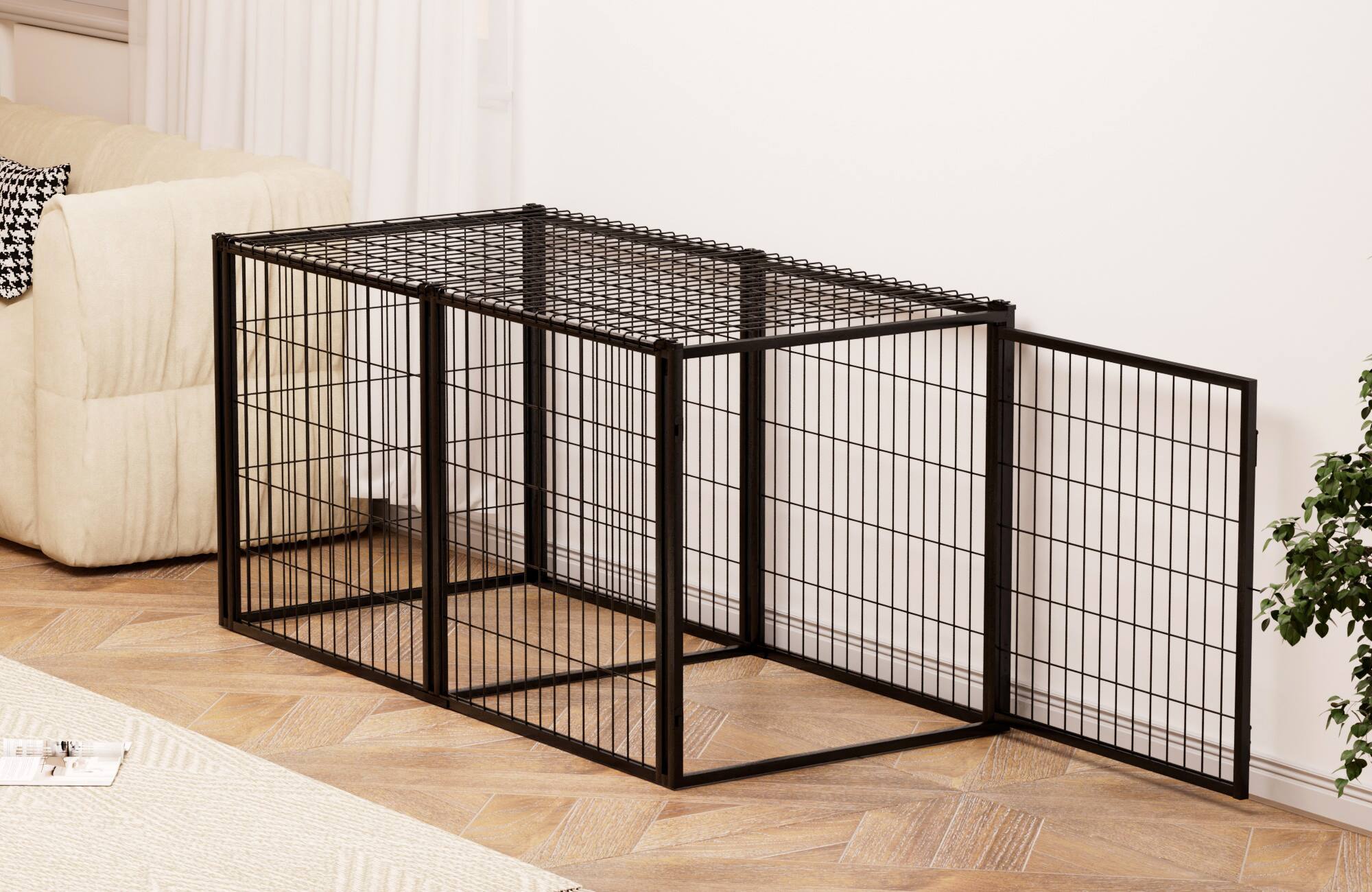 Alt View 5. Siljoy - 63" Black Dog Playpen with Top, Indoor Kennel & Divider for Medium Dogs, Customizable Door.