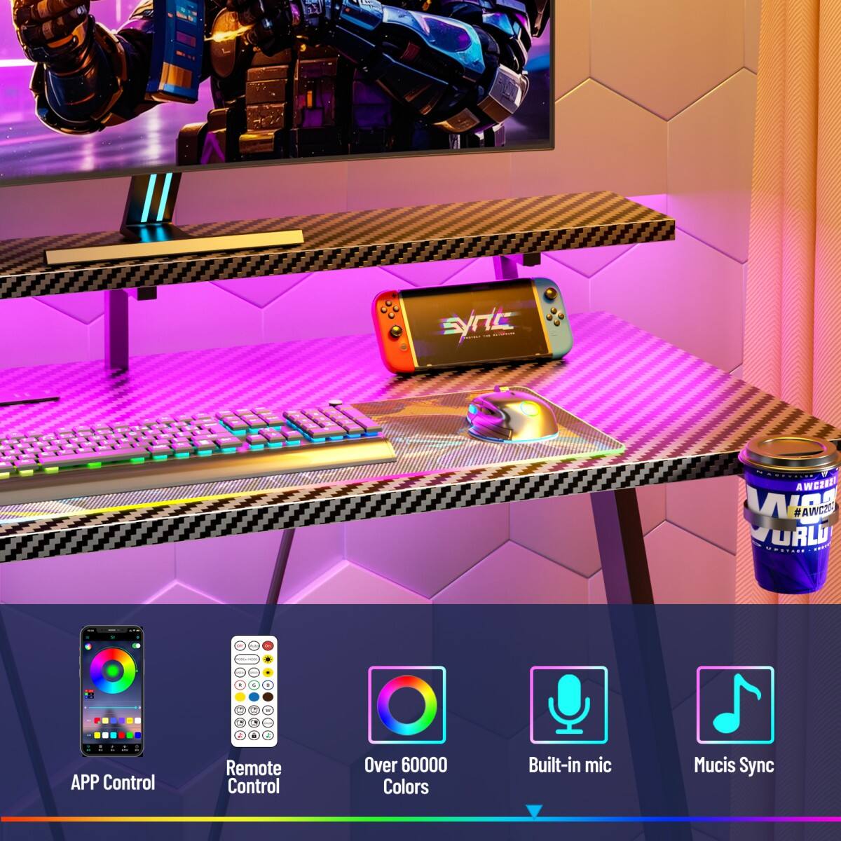 SYRK THE FLAVOR

AWCERED Music UAL UPSTACE

APP Control
Remote Control
Over 60000 Colors
Built-in mic
Music Sync