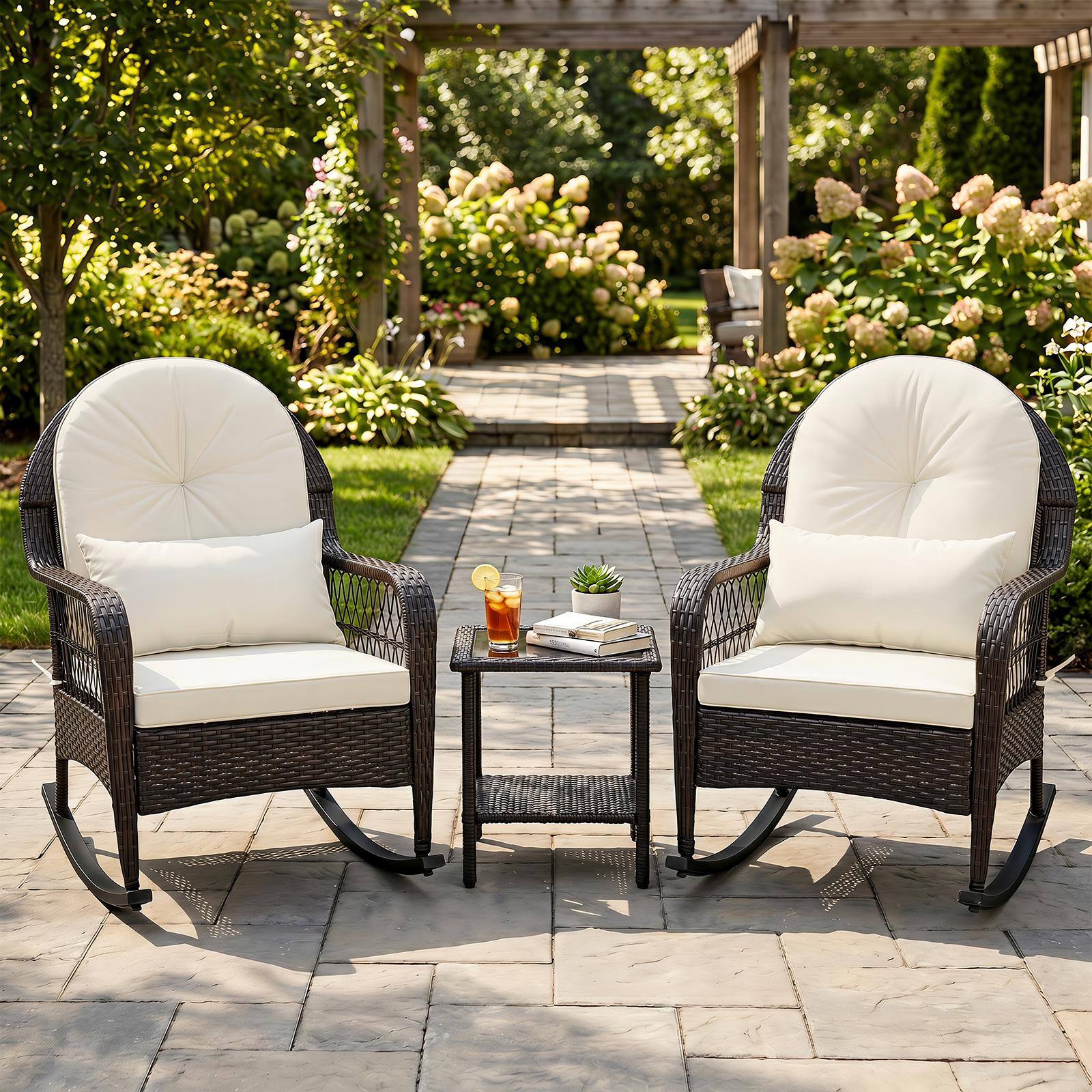 Alt View 4. Costway - Costway Patio Wicker Rocking Chair W/Seat Back Cushions & Lumbar Pillow Porch - Off-White.