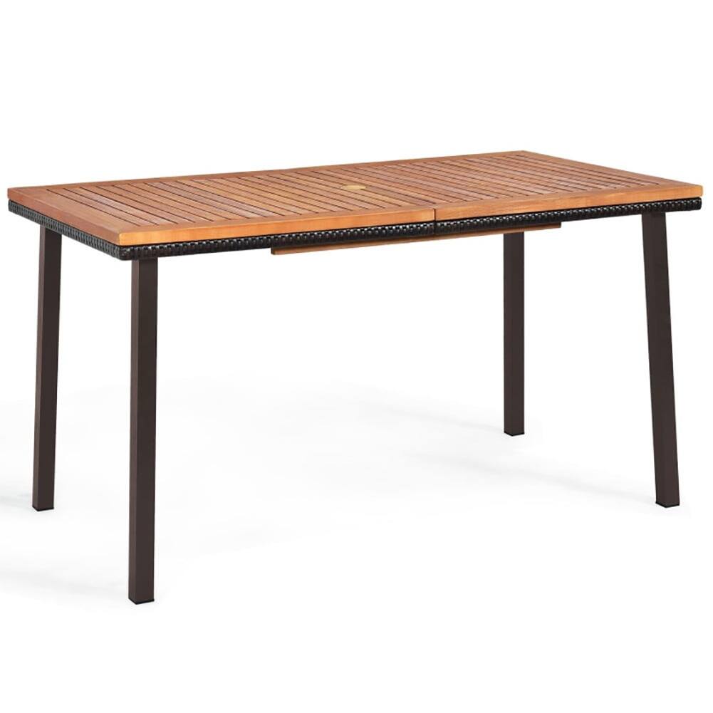 Left. Kadyn - 55 Inch Patio Acacia Dining Table with Umbrella Hole for Patio Back Deck, Balcany, Poolside - Black.