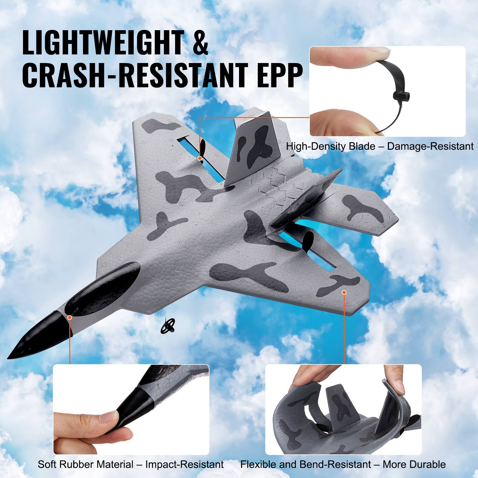LIGHTWEIGHT & CRASH-RESISTANT EPP

- High-Density Blade – Damage-Resistant
- Soft Rubber Material – Impact-Resistant
- Flexible and Bend-Resistant – More Durable