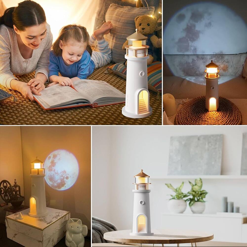 Alt View 1. MOSZAR LLC - Lighthouse Moon Lamp Projector, Rechargeable, Dimmable with Remote & Timer.