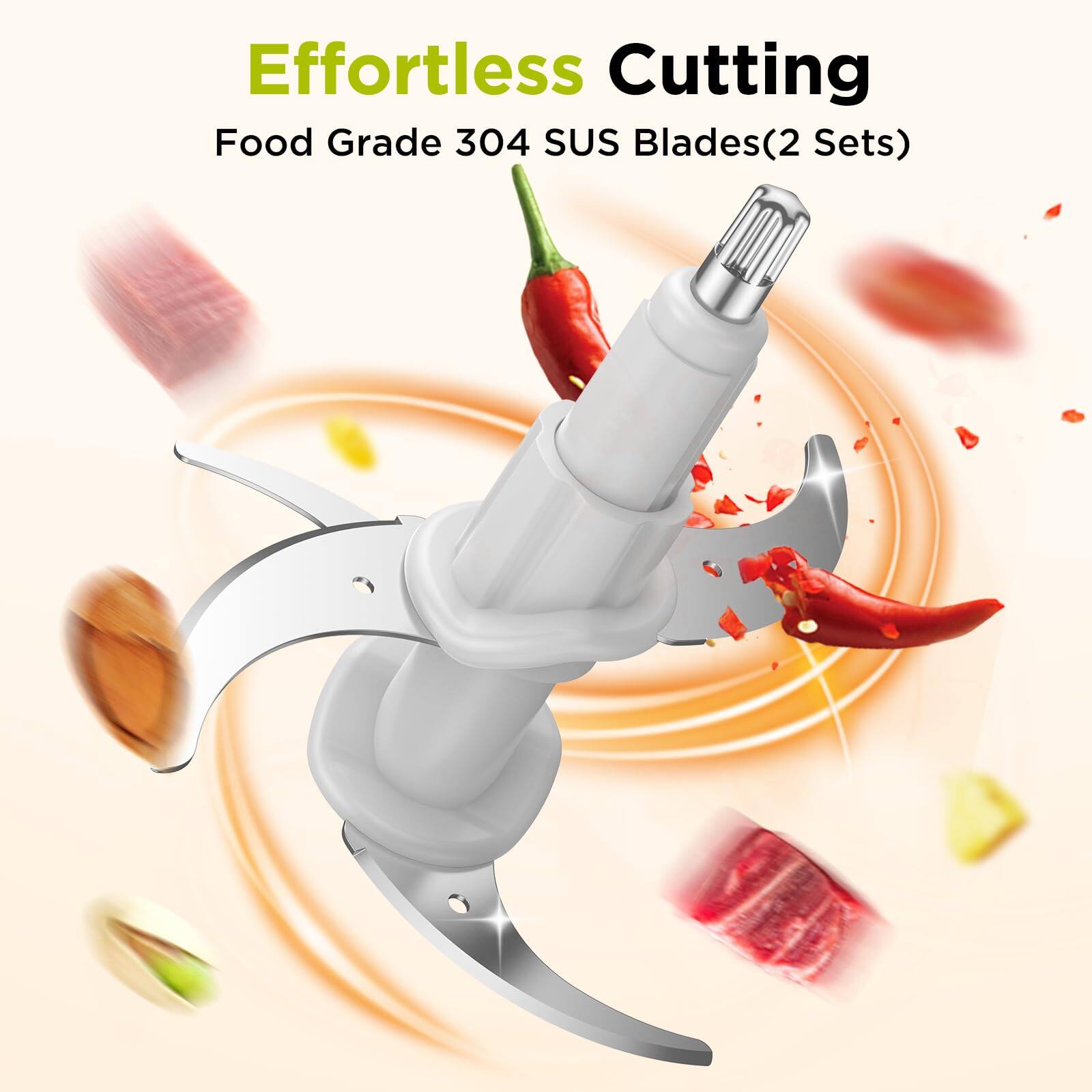Effortless Cutting  
Food Grade 304 SUS Blades (2 Sets)