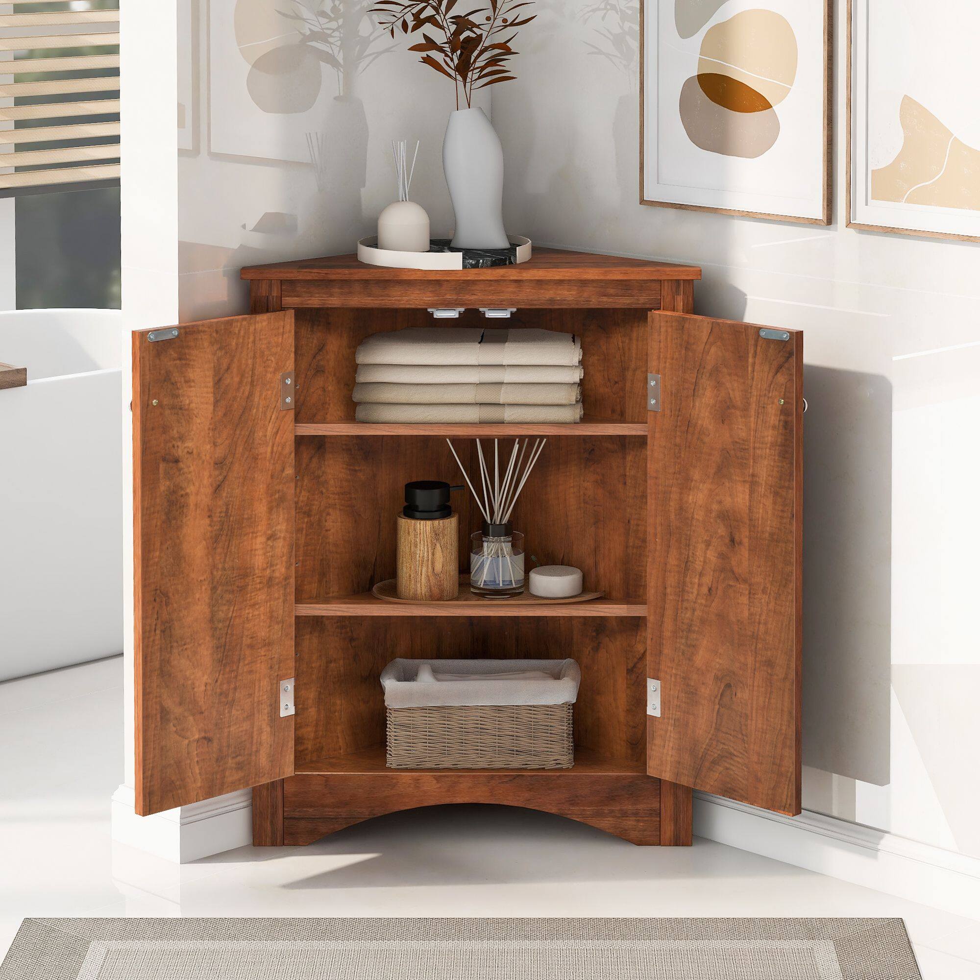 Angle. Mirfee - Triangle Bathroom Storage Cabinet with Adjustable Shelves, Freestanding for Home Kitchen - Brown.