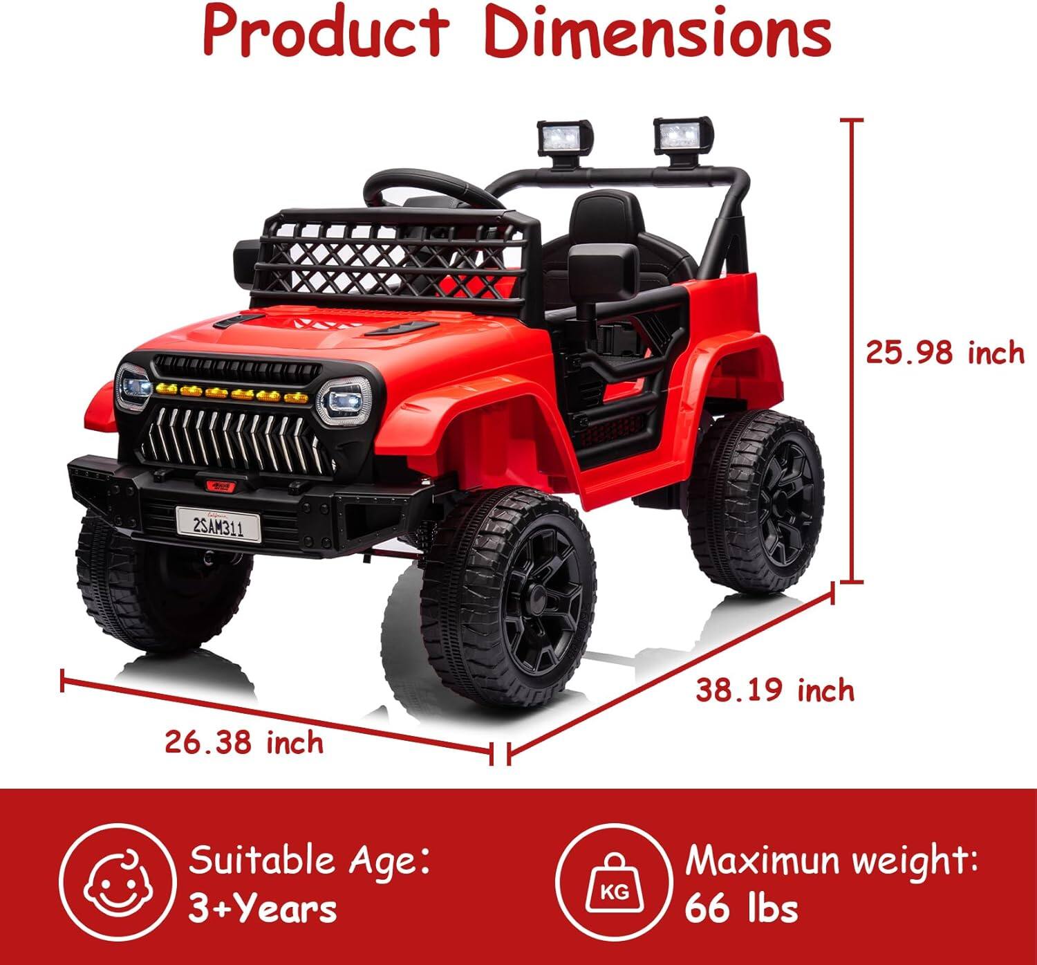 Product Dimensions  
25.98 inch  
38.19 inch  
26.38 inch  

Suitable Age: 3+ Years  

Maximum weight: 66 lbs