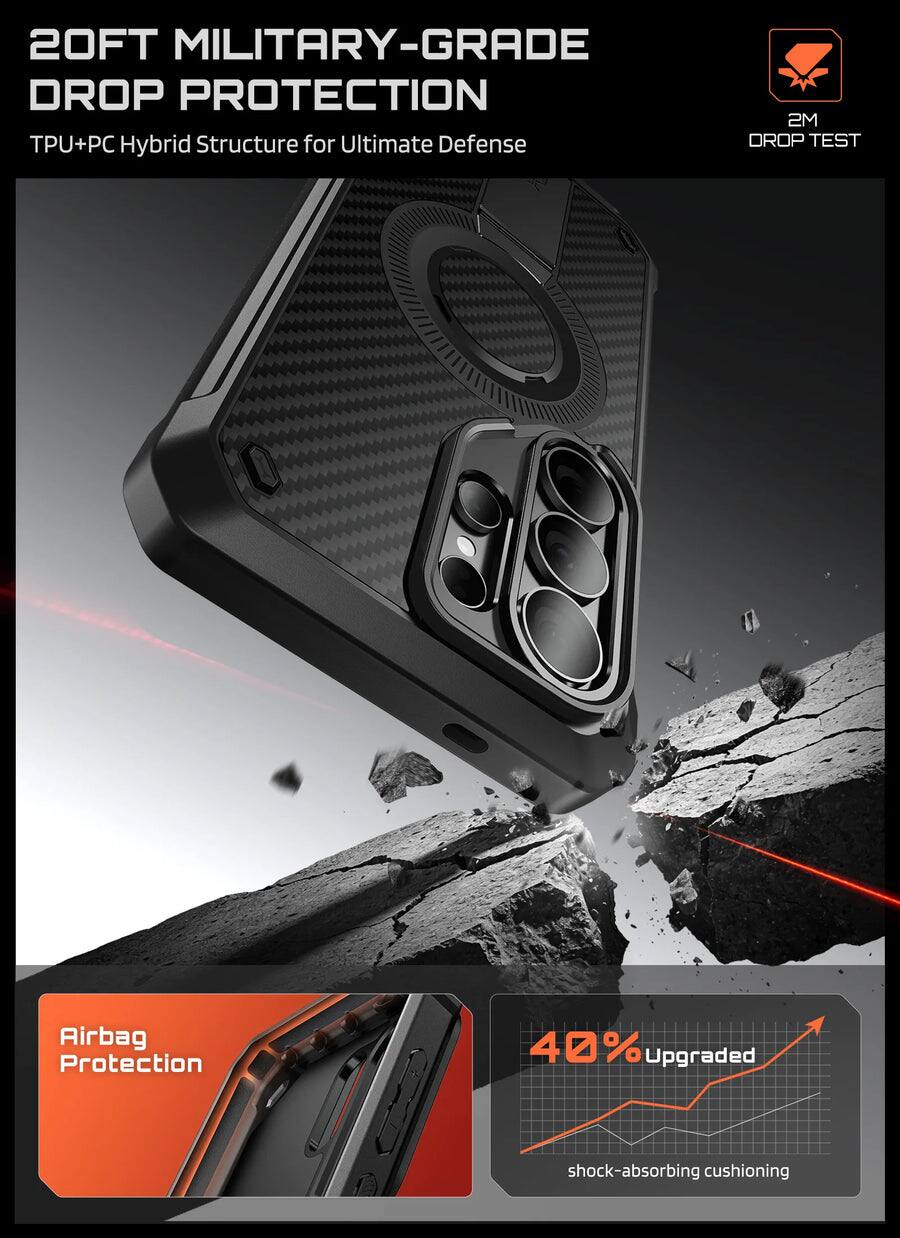 20FT MILITARY-GRADE DROP PROTECTION  
TPU+PC Hybrid Structure for Ultimate Defense  

2M DROP TEST  

Airbag Protection  

40% Upgraded shock-absorbing cushioning