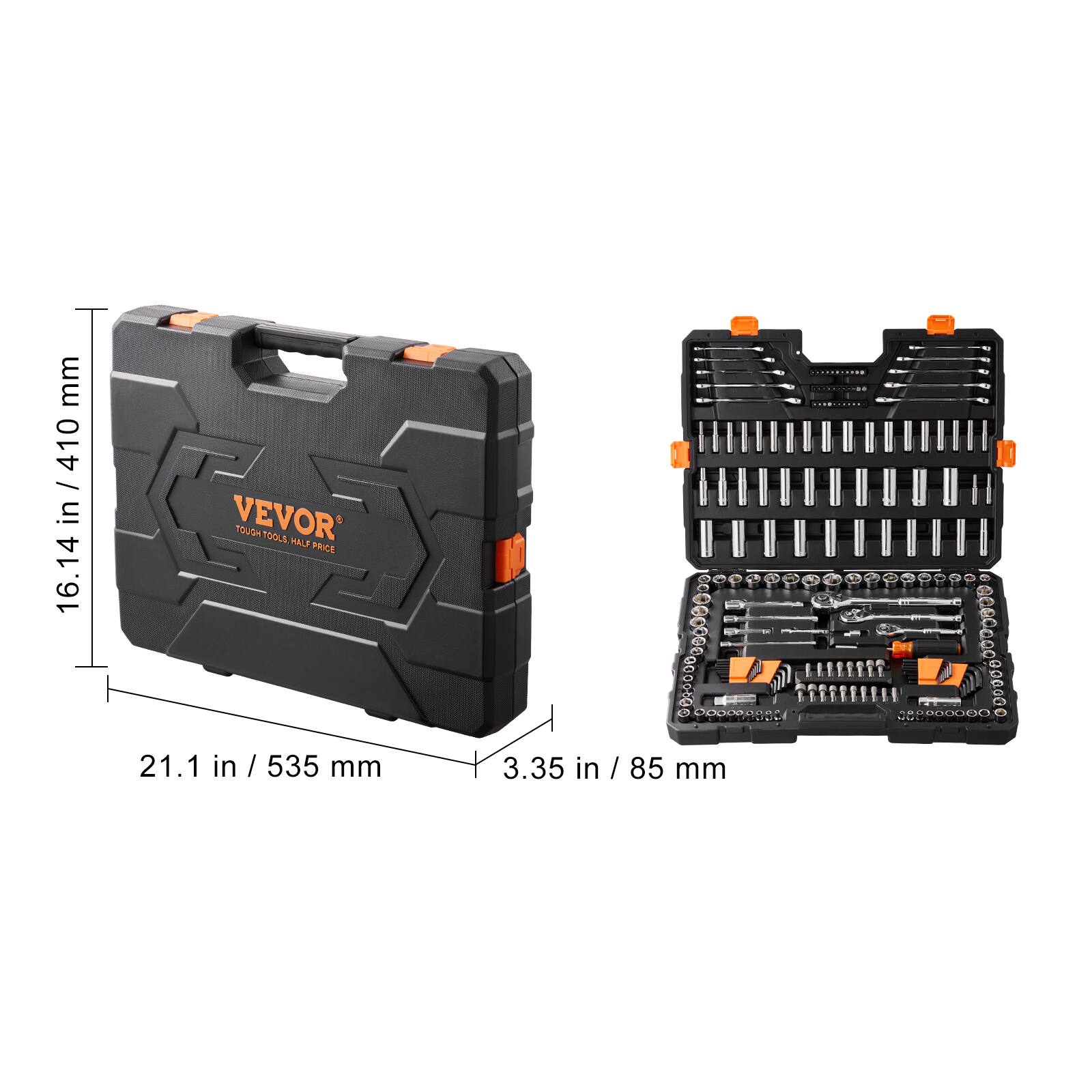 16.14 in / 410 mm
VEVOR
21.1 in / 535 mm
3.35 in / 85 mm