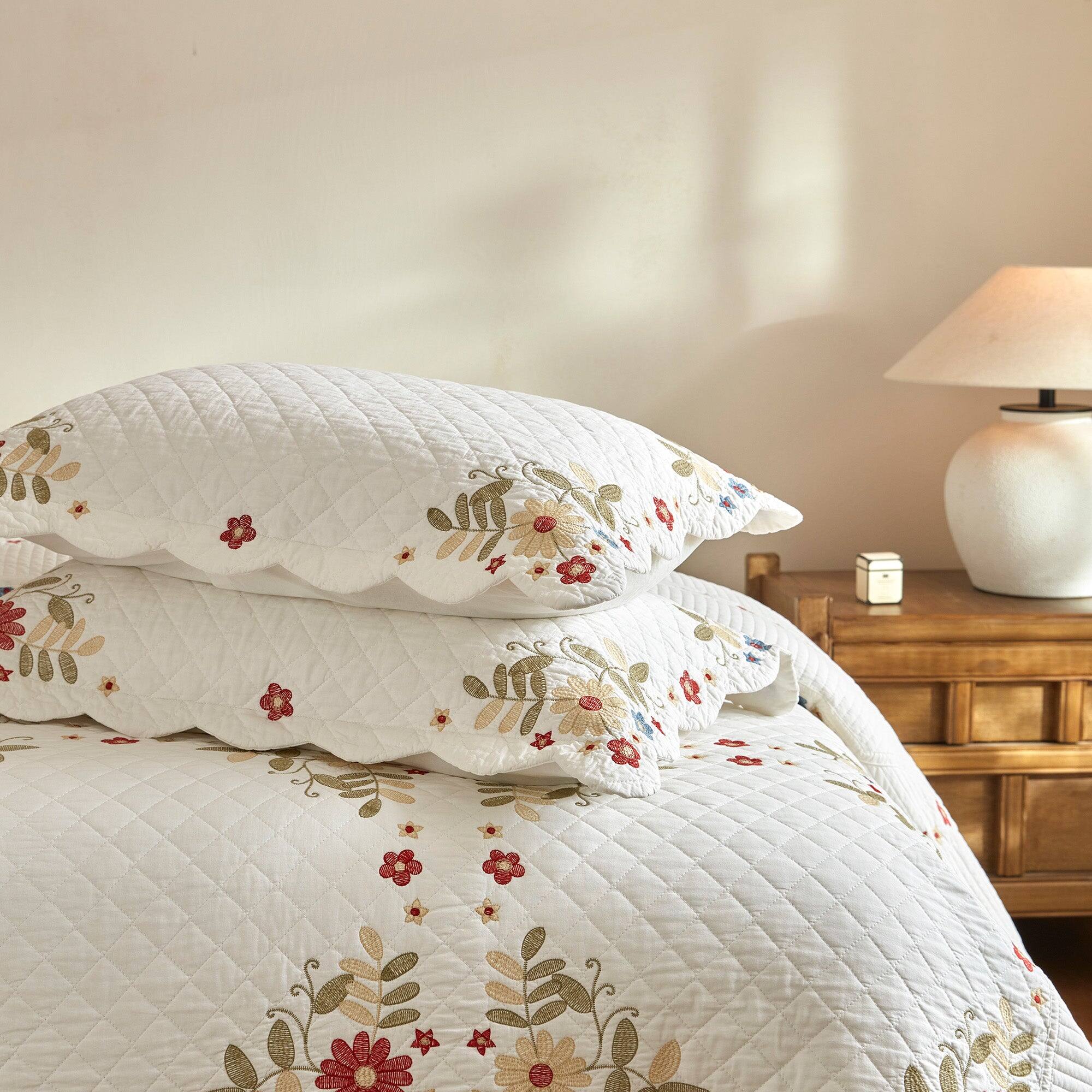 Alt View 1. MarCielo - Marcielo 3 Pieces Cotton European Folk Embroidered Quilt Bedspread Set Modern Farmhouse Style - White.