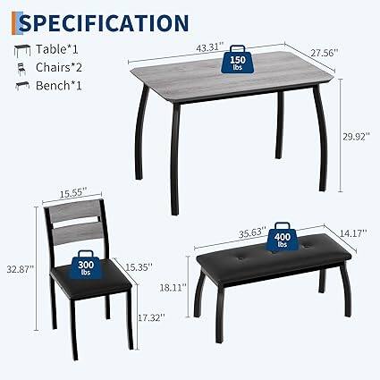 SPECIFICATION

- Table*1
  - 43.31" x 27.56" x 29.92"
  - 150 lbs

- Chairs*2
  - 15.55" x 32.87" x 18.11"
  - 300 lbs

- Bench*1
  - 14.17" x 35.63" x 32.87"
  - 400 lbs