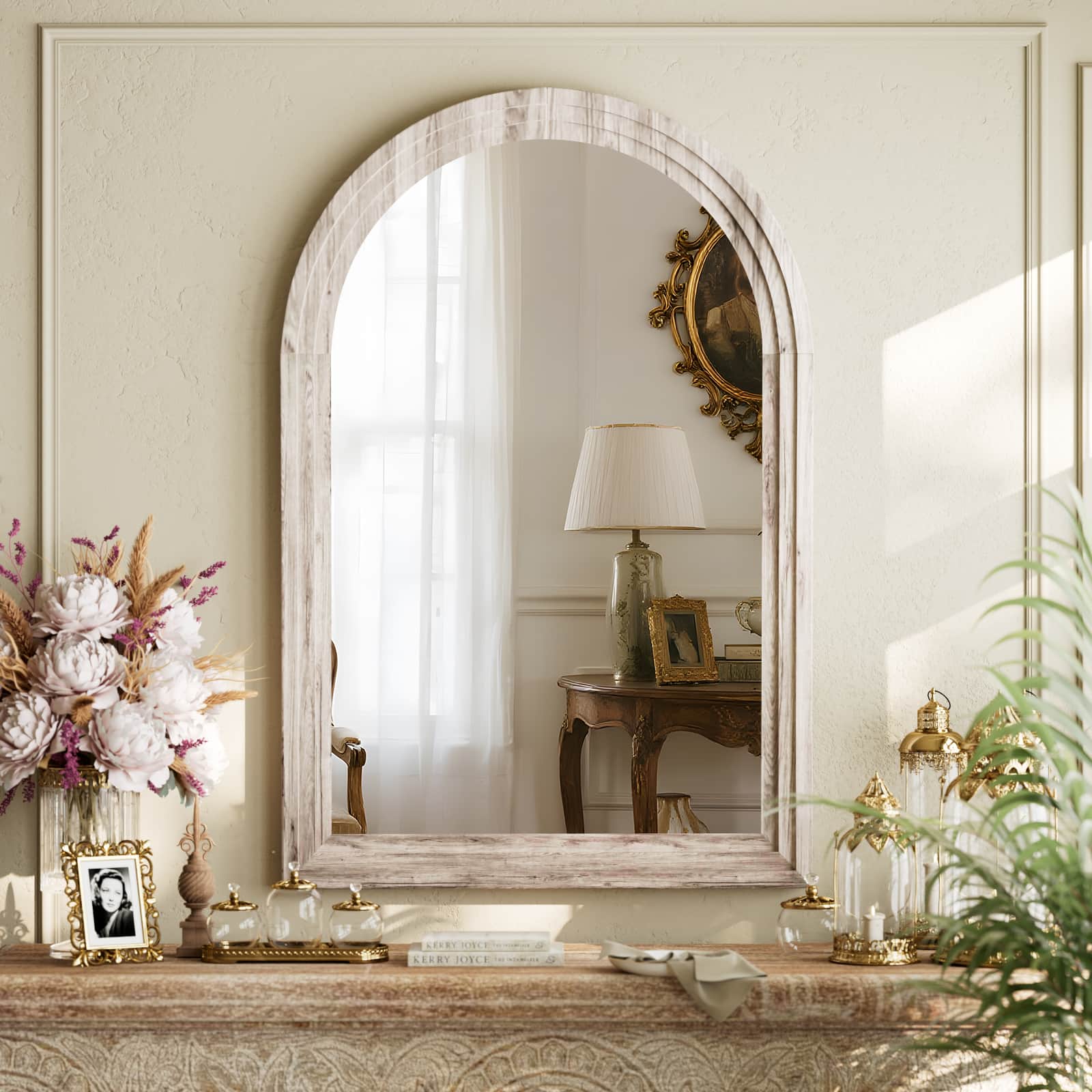 Easly - Antique 24 in. W x 36 in. H Arched Wood Frame Vanity Wall Mirror - White