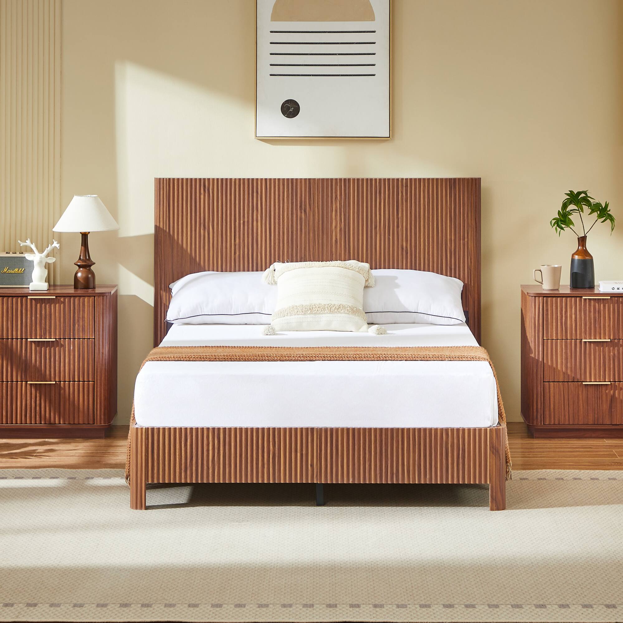 Back. GOODSILO - Full Size Wooden Corrugated Curved Lines Bed Frame with No Box Spring Needed in Walnut Finish - Walnut.