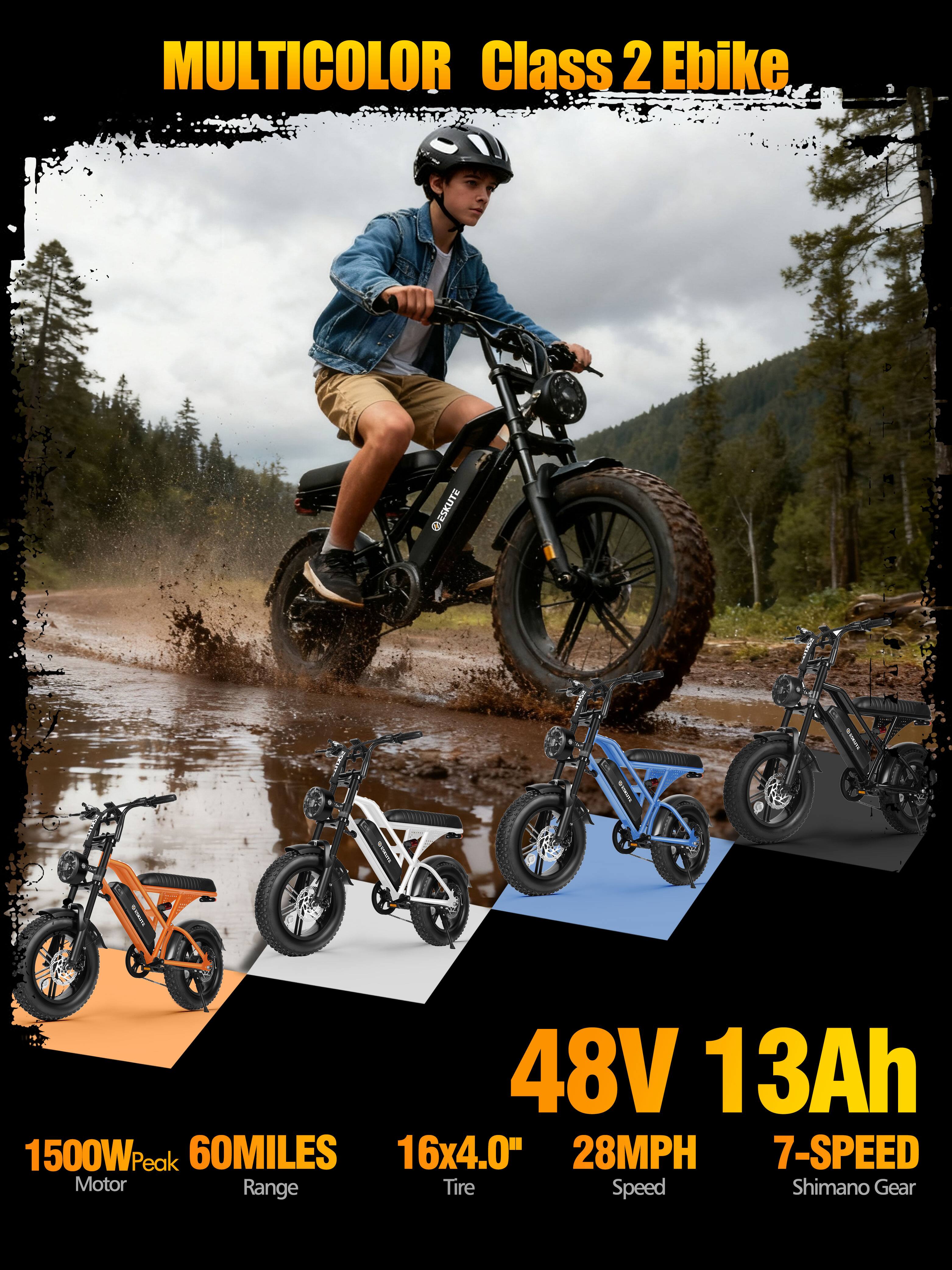 MULTICOLOR Class 2 Ebike  
GESKUTE I  
48V 13Ah  
1500W Peak  
60 MILES  
16x4.0"  
28 MPH  
7-SPEED  
Motor Range Tire Speed Shimano Gear