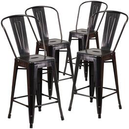 Emma + Oliver - Commercial Grade 4 Pack 24" High Metal Indoor-Outdoor Counter Height Stool with Back - Black-Antique Gold