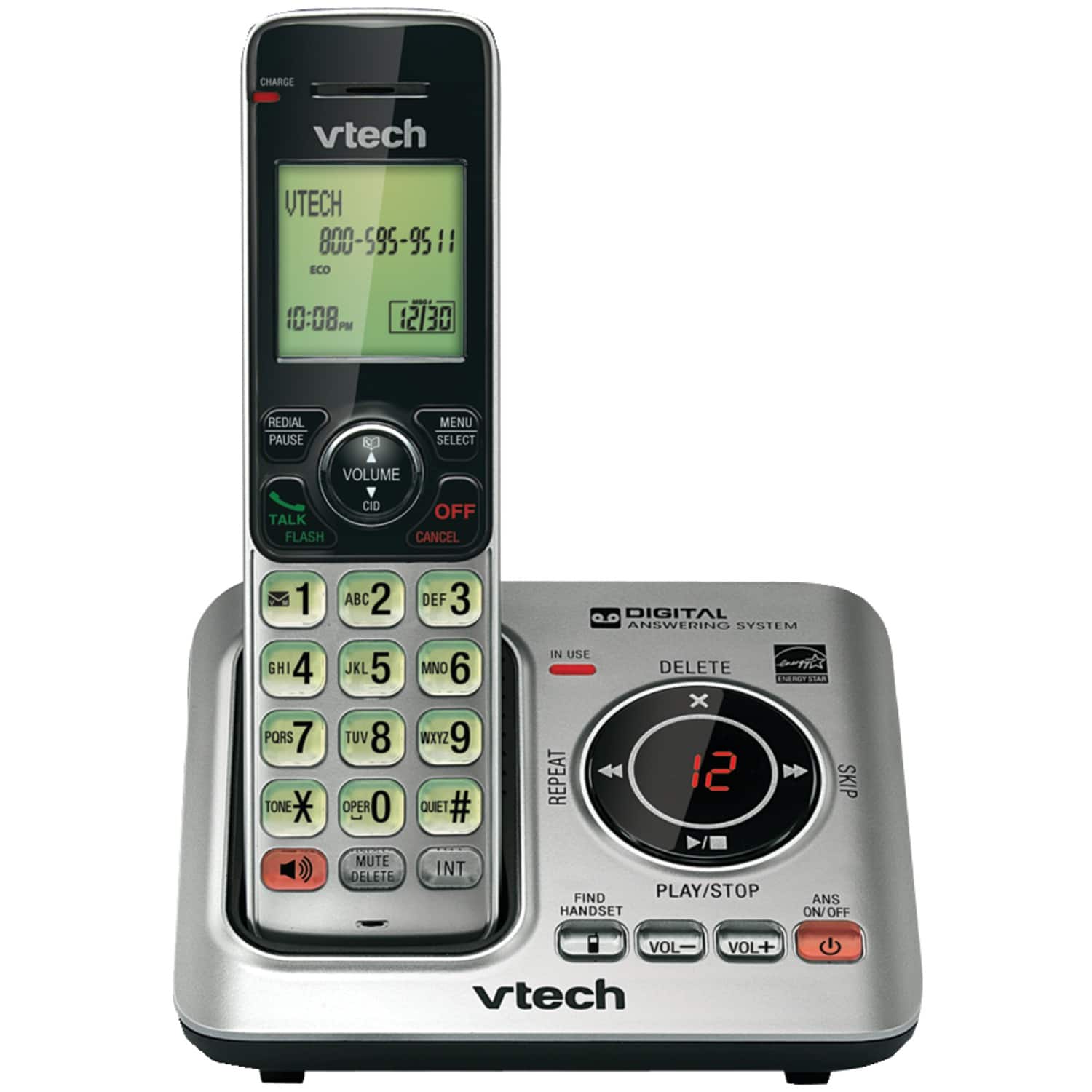 VTech - DECT 6.0 Expandable Cordless Phone System for Landline, Digital Answering System, Caller ID/Call Waiting, 1 Handset - Gray