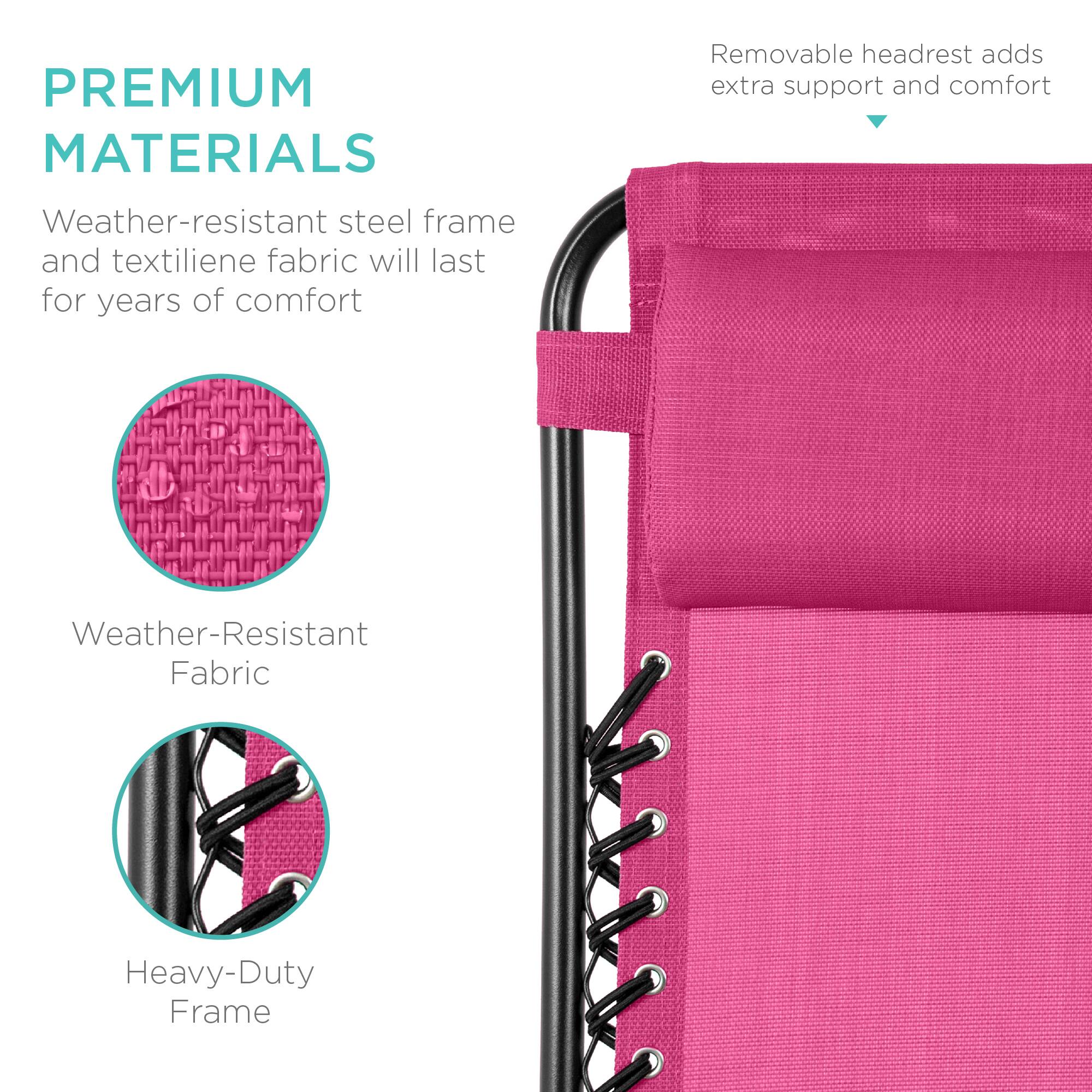 **PREMIUM MATERIALS**

Weather-resistant steel frame and textilene fabric will last for years of comfort

- Weather-Resistant Fabric
- Heavy-Duty Frame

Removable headrest adds extra support and comfort