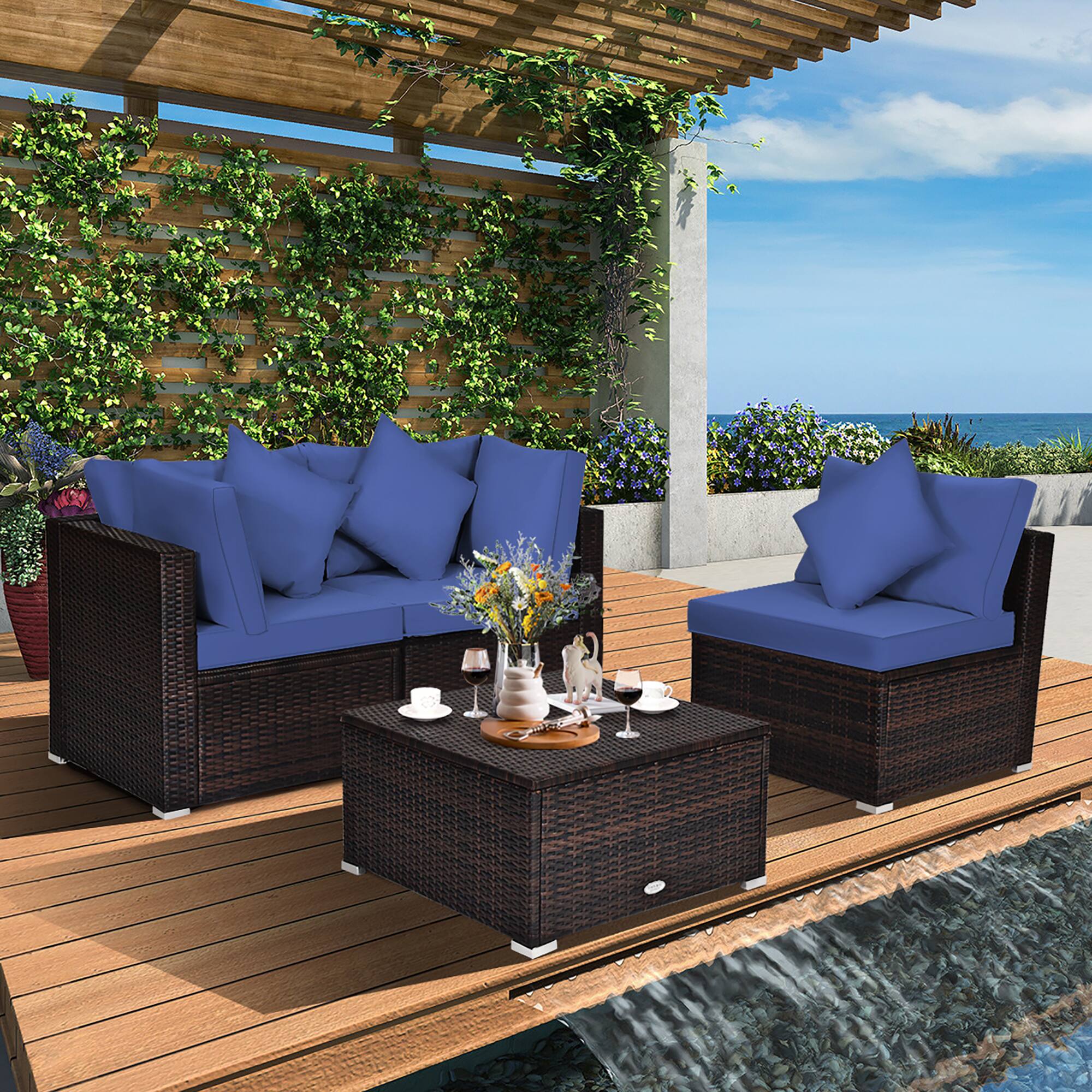 Alt View 8. Costway - 4PCS Patio Rattan Furniture Set Sofa Ottoman Cushion Garden Deck - Navy.