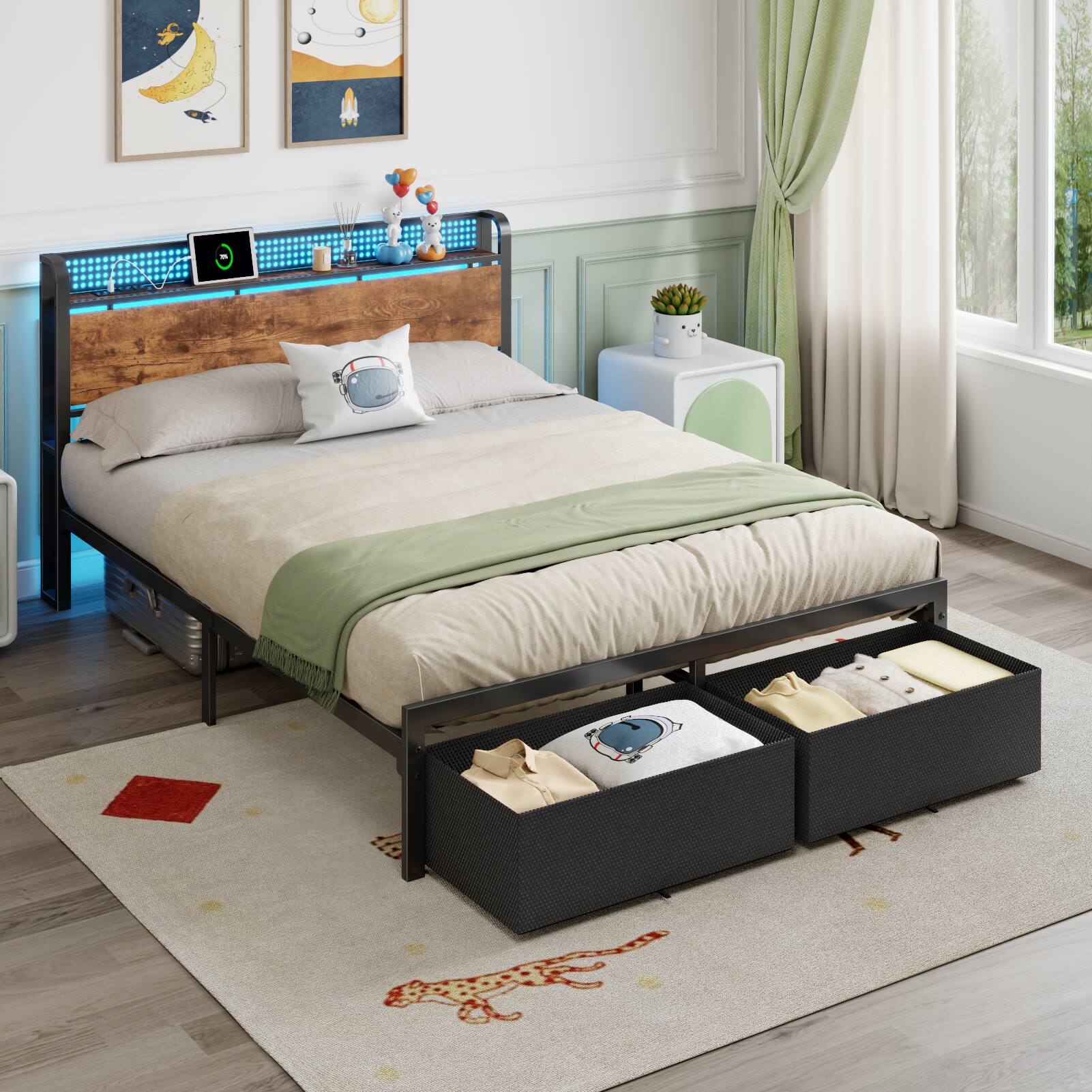 Angle. Furnulem - Bed Frame with 2 Underbed Drawers and Open Storage Headboard RGB LED Light and Charging Station - Brown.