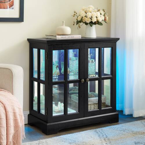 Alt View 2. LUCKY ONE - Freestanding LED Curio Display Cabinet with Adjustable Shelves Retro Bookcase Storage for Home Decor - Black.