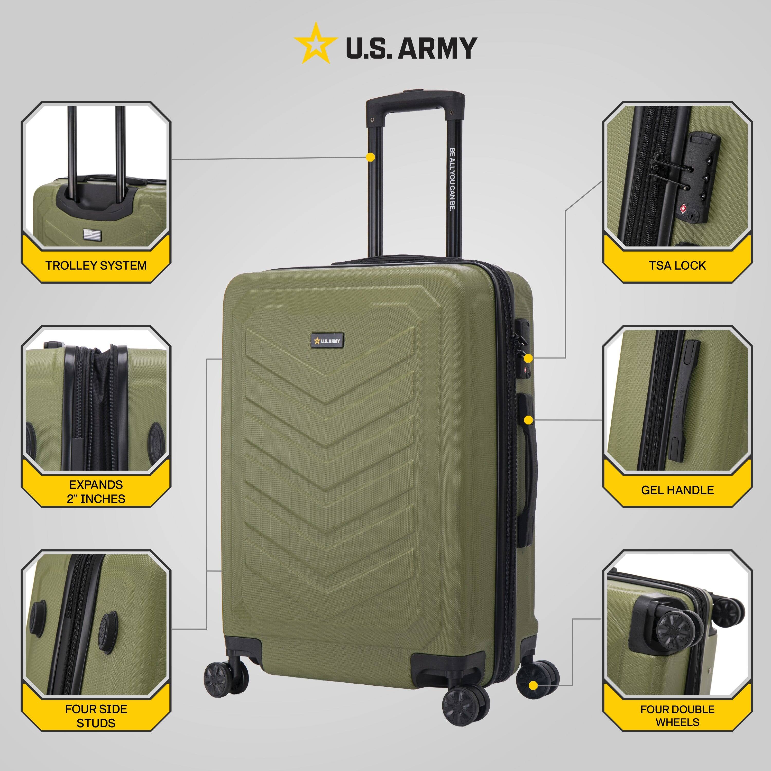U.S. ARMY

- TROLLEY SYSTEM
- TSA LOCK
- EXPANDS 2" INCHES
- GEL HANDLE
- FOUR SIDE STUDS
- FOUR DOUBLE WHEELS