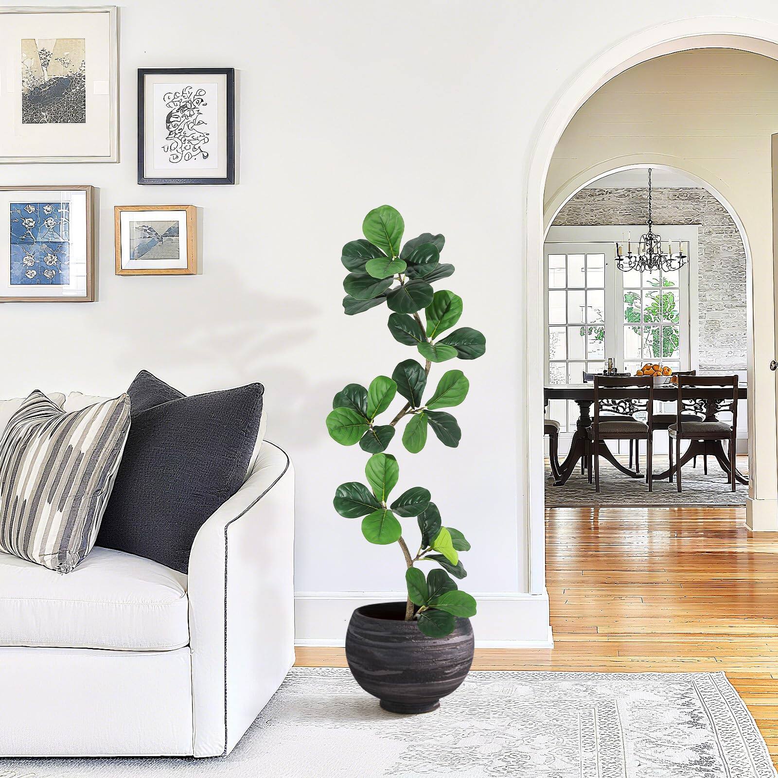 Left. Homhougo - 5FT Fiddle Leaf Fig – Faux Rubber Tree with Moss Base, White Planter, Realistic Indoor Plant - Green.