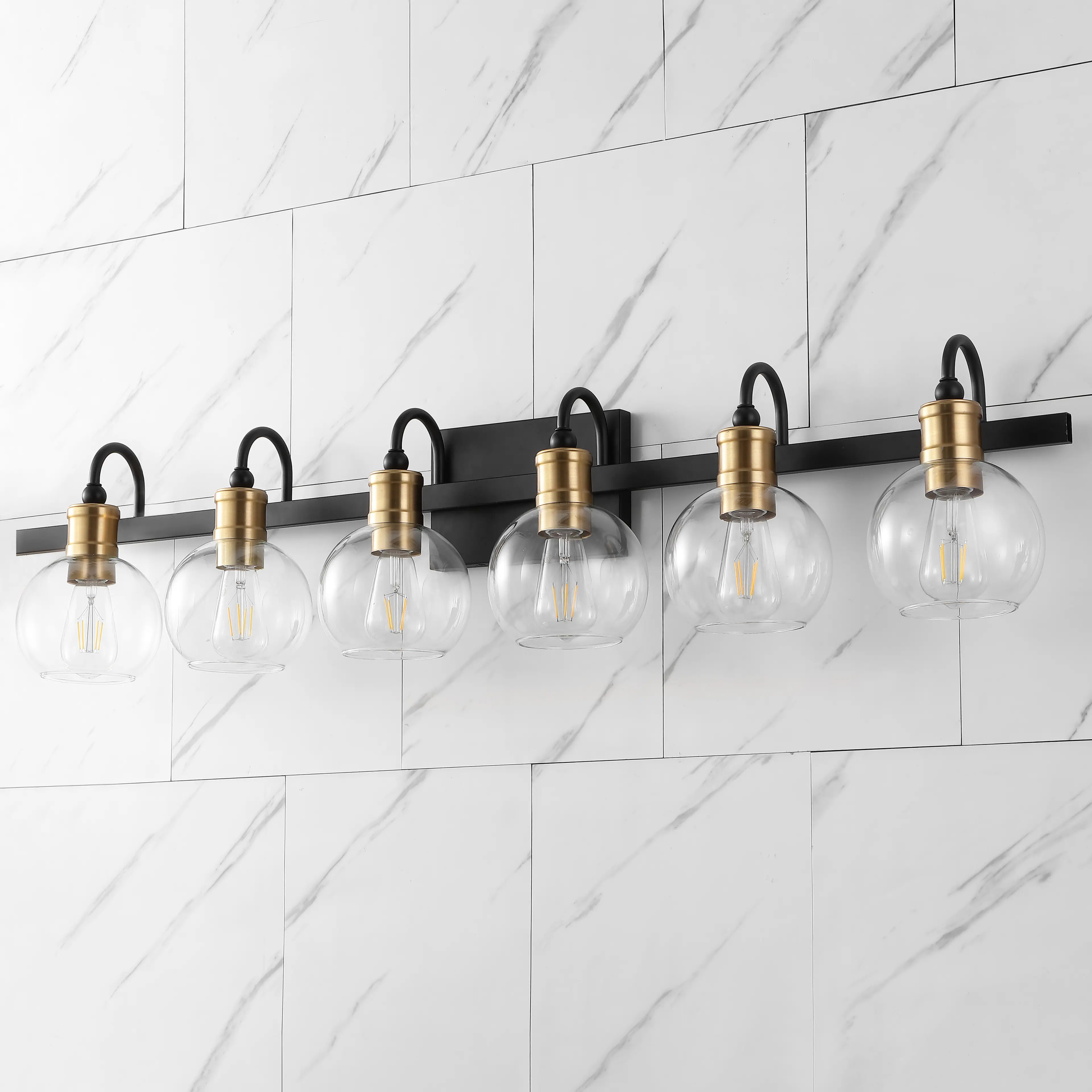 Alt View 5. Jonathan Y - Marais 44.25" 6-Light Iron/Glass Rustic Vintage LED Vanity Light, Black/Brass Gold - Black/Brass Gold.