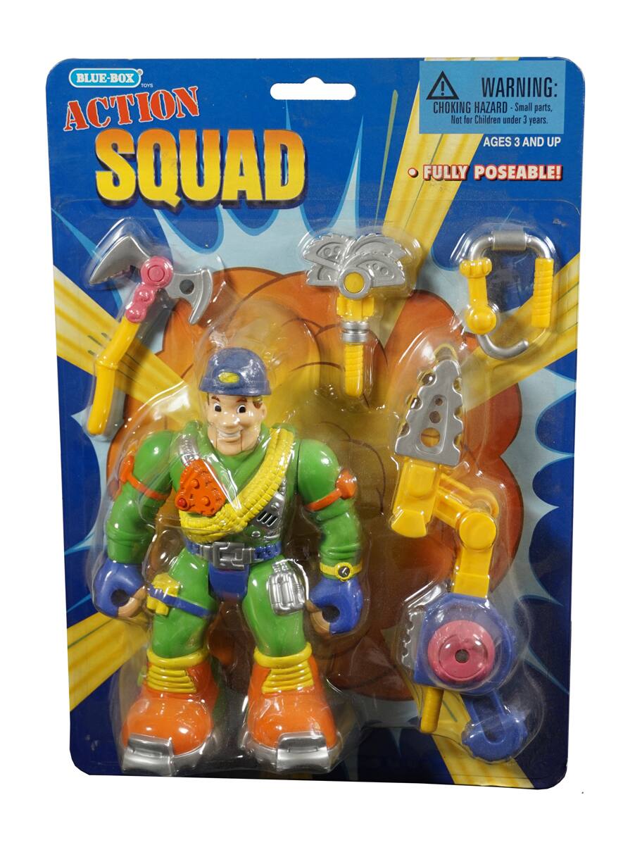 BLUE-BOX TOYS  
ACTION SQUAD  

WARNING: CHOKING HAZARD - Small parts. Not for Children under 3 years.  
AGES 3 AND UP  

FULLY POSEABLE!