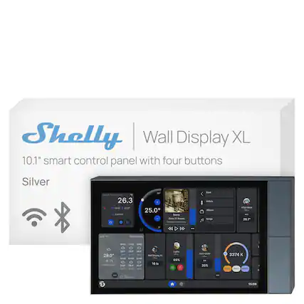 Shelly Wall Display XL 10.1" smart control panel with four buttons
Silver
Current Temperature 26.3 EM 18:00 23.0 by: Summer CH
35' ROSES 25.0 SUNS Sorry Guns X Roses Chinese Democracy
Back Artists Albums Songs
HTg3 Black Office 4% 26.1
July 16
Wednesday
16:00 17:00 18:00
29.0 0% Mostly cloudy
25.7" 29:5" 28.8 15 25 9.0% 19:00 20:00 21:00 29:0 28.4 25.0
you on
Wall Display XL Office 16 Ix
Lights Offer 65% G C
DUO-GU10 Offer W 35%
3374 K KOREA CHICK NOTOK
I :
4x
15:08