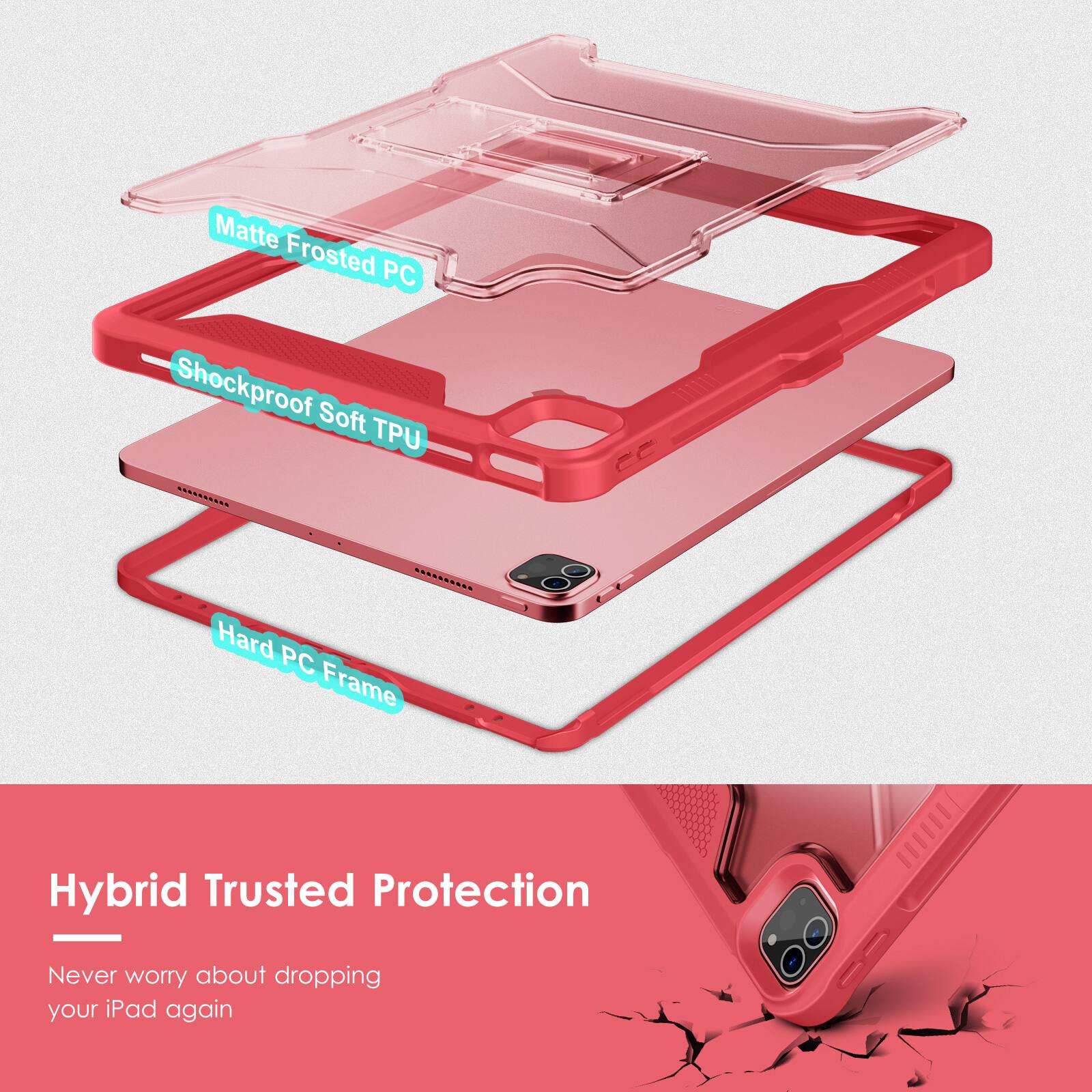 Matte Frosted PC  
Shockproof Soft TPU  
Hard PC Frame  

Hybrid Trusted Protection  
Never worry about dropping your iPad again